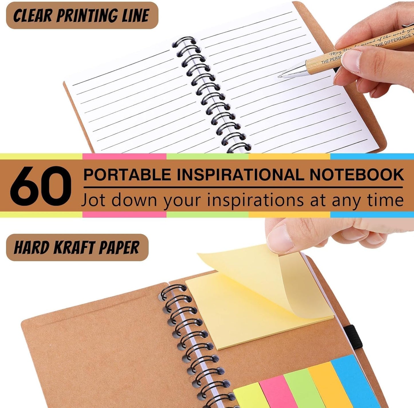 60 Sets Employee Appreciation Gifts Spiral Notebooks with Sticky Notes Notepads Thank You Journals Inspirational Bamboo Ballpoint Pens Bulk for Nurse Teacher Coworker