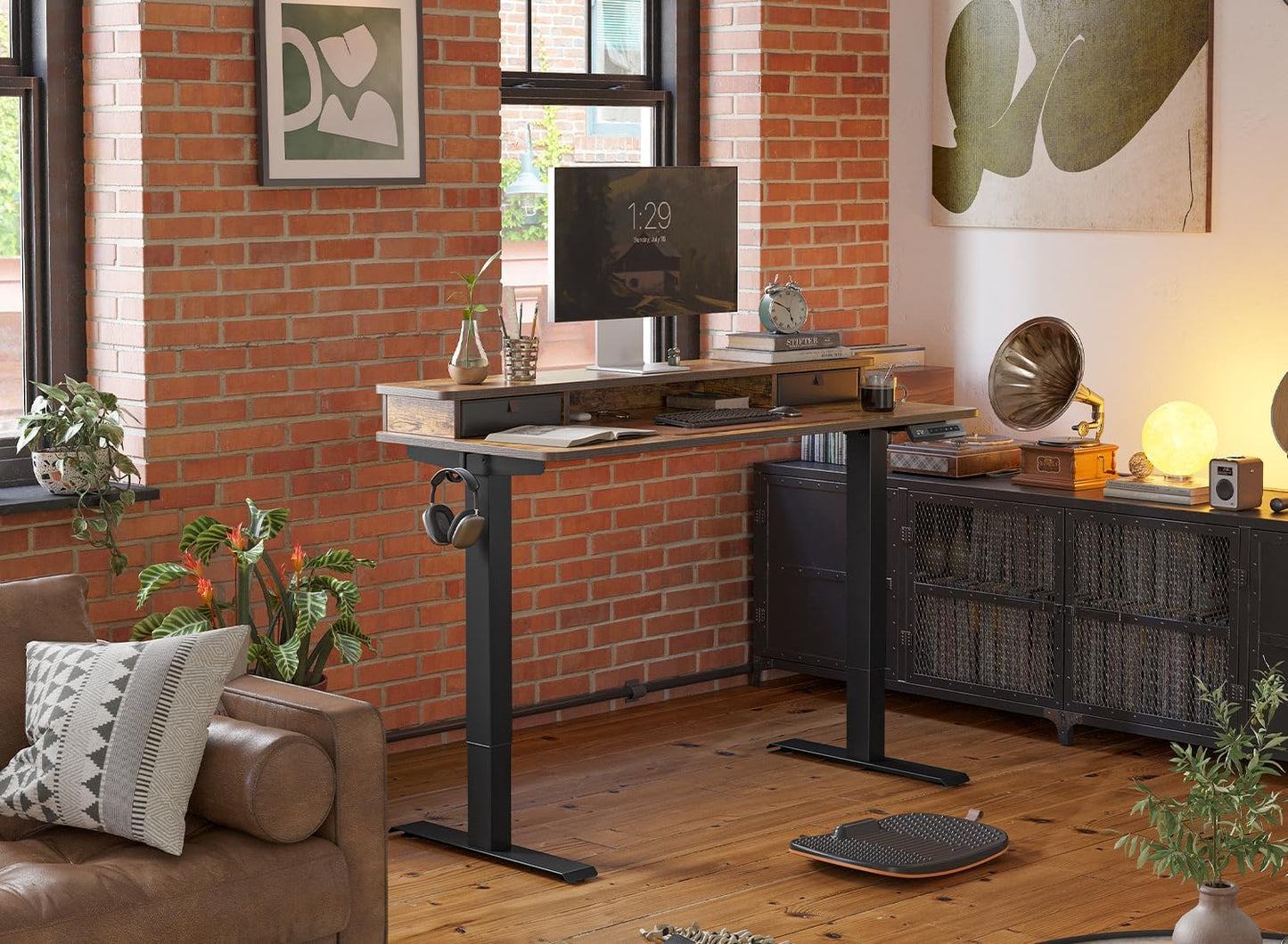 FEZIBO 40 x 24 Inch Height Adjustable Electric Standing Desk with Double Drawer, Computer Desk, Home Office Stand Up Table with 4 Height-Adjustable Feets & 2 Hooks, Rustic Brown