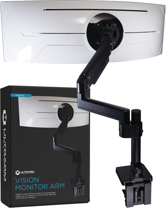 Heavy Duty Monitor Arm for Ultrawide Monitors up to 57" and 44 lbs, Single Desk Stand, Pneumatic Height Adjustable, Modular Extension Arms - Max VESA 100x100, Black, MA20P-S