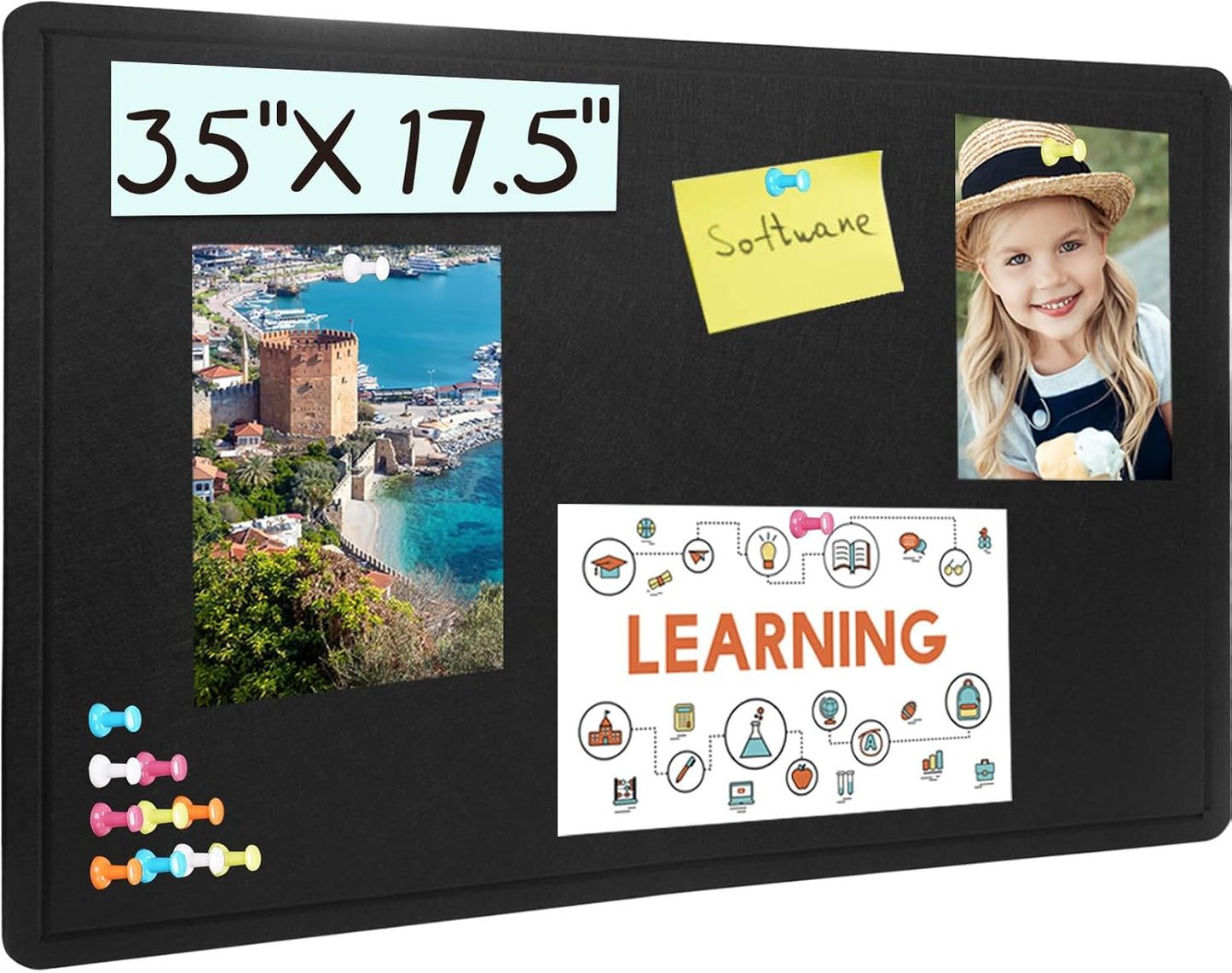 Bulletin Board - 35 x 17.5 inches Decorative Felt Pin Board - Cork Board Alternative for Wall - Foldable Photo Board Self-Adhesive Prayer Board with 20 Pushpins - Black