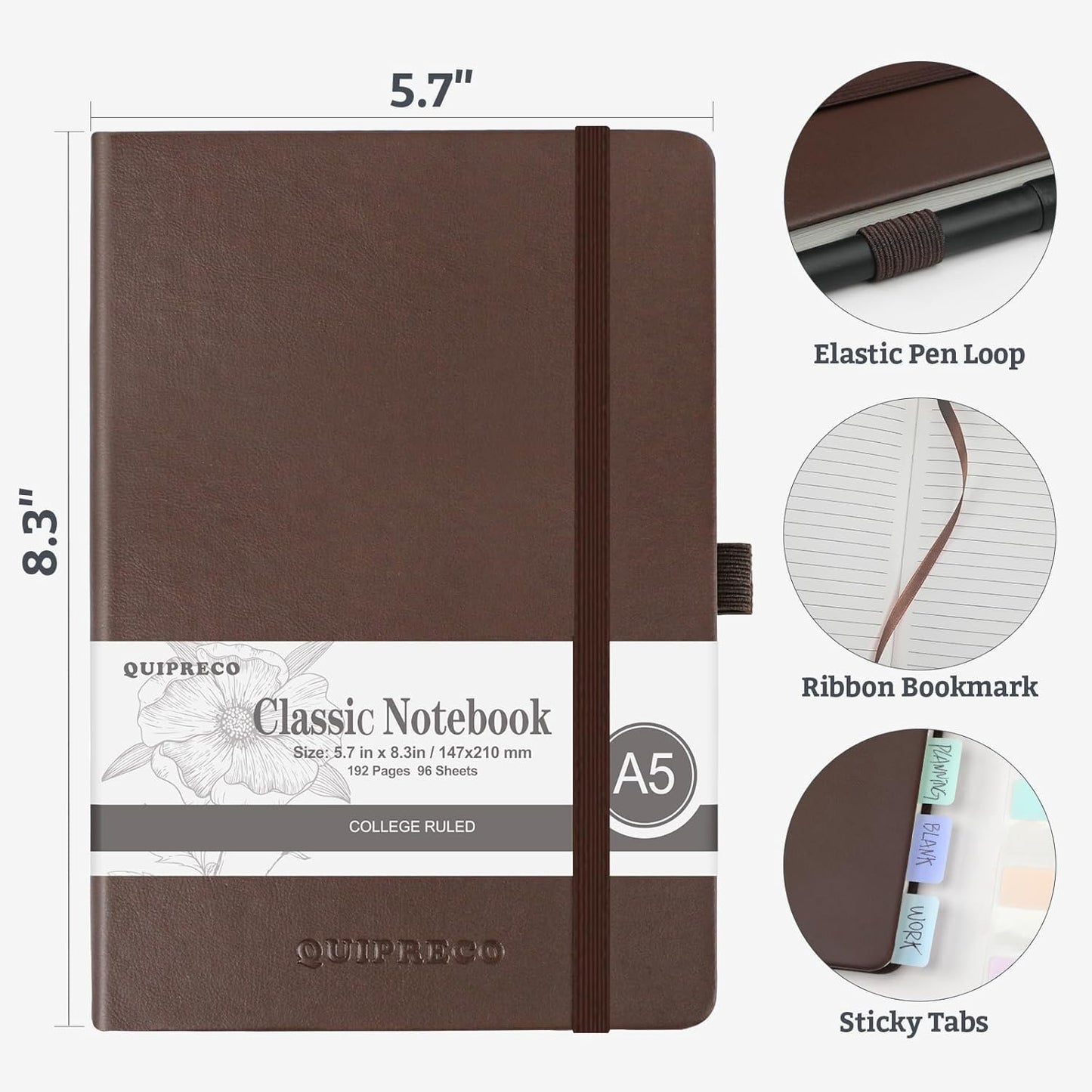 Hardcover Lined Bullet Dotted Journal Notebook, A5 140 192 Pages 100 120Gsm Paper College ruled for School,Work,Travel,and Daily Planning，5.7''*8.3'' (1, Brown, A5 Lined)