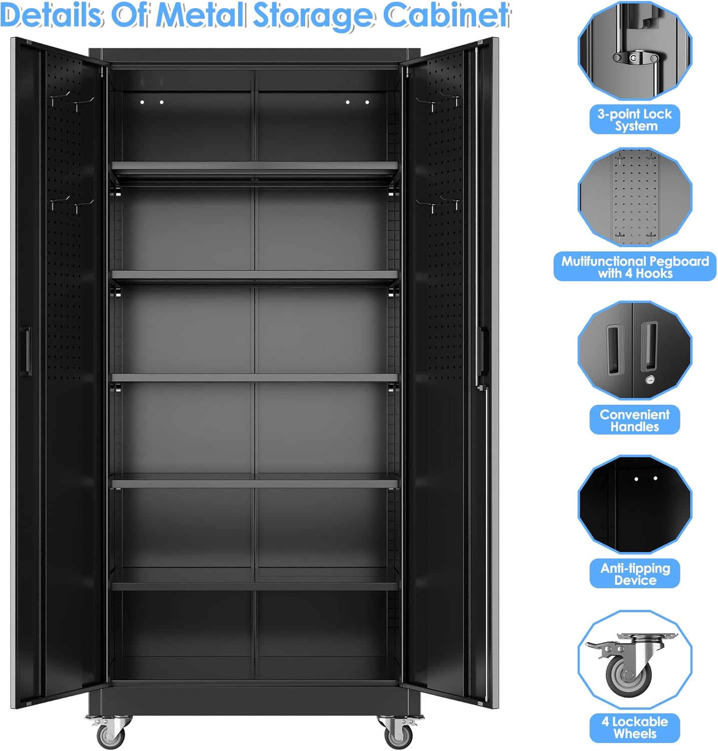 Aobabo Upgraded Garage Storage Cabinets with Wheels,Metal Storage Cabinets with 5 Adjustable Shelves for Garage Home Office Storage, Black,71''H*34''W*18''D,Assembly Required