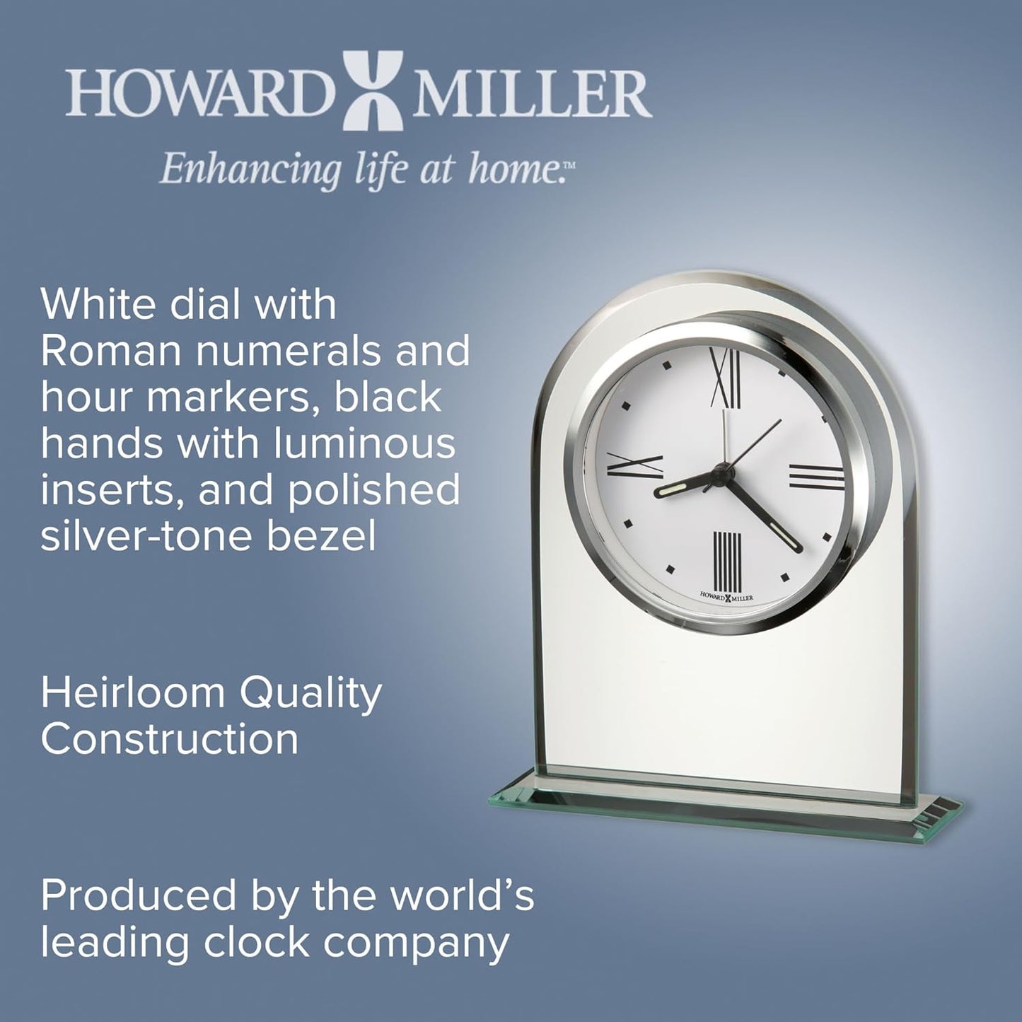 Howard Miller Regent Table Clock – Modern Tabletop Alarm Clock with Beveled Glass Arch, Quartz Movement, White Dial & Black Accents – Decorative Desk Clock for Bedroom, Living Room & Office