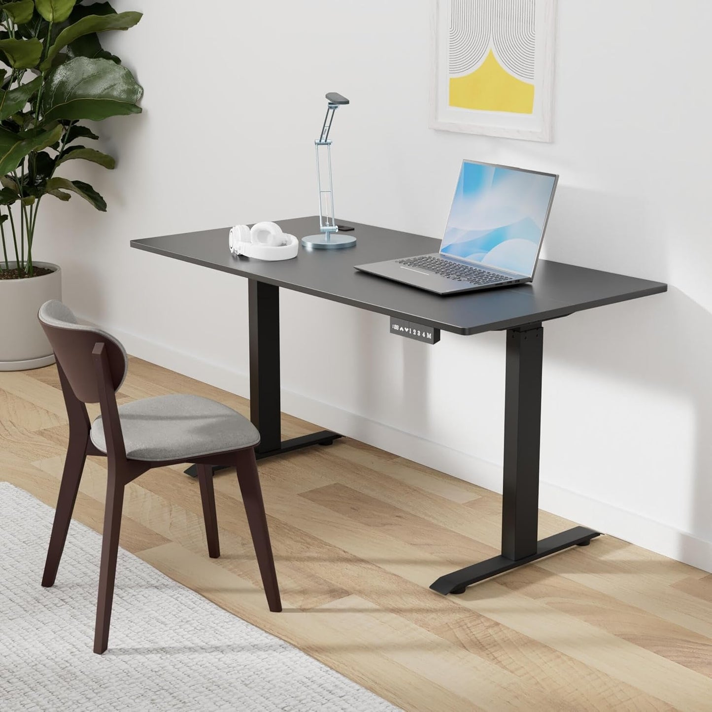 SHW 55 x 28 Inches Electric Height Adjustable Standing Desk with Drawer and Memory Preset, Black
