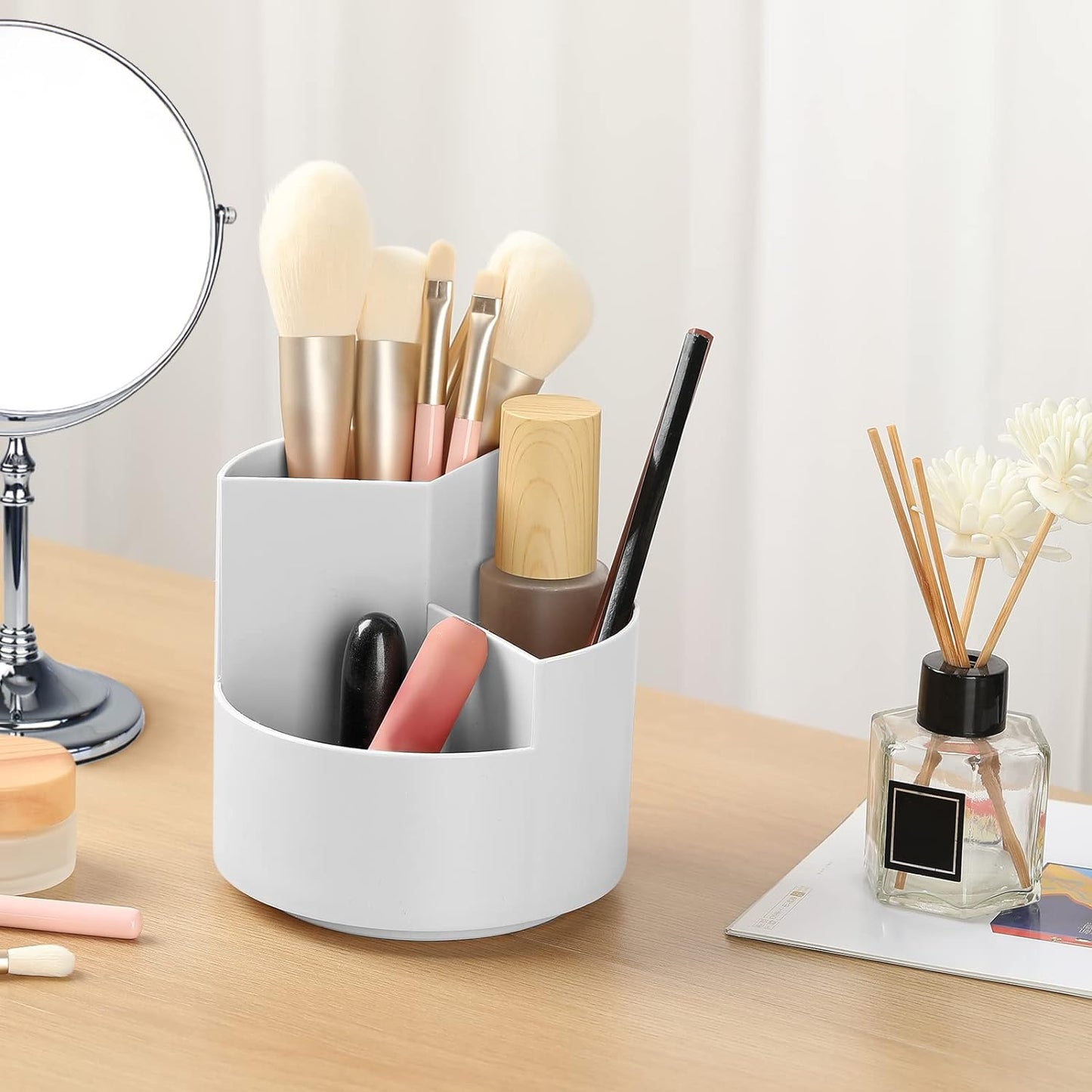 Desk Pencil Pen Holder, 3 Slots 360-Degree Spinning Organizers, Desktop Storage Stationery Supplies, Cute Cup Pot for Office, School, Art Supply, Kids - Gray