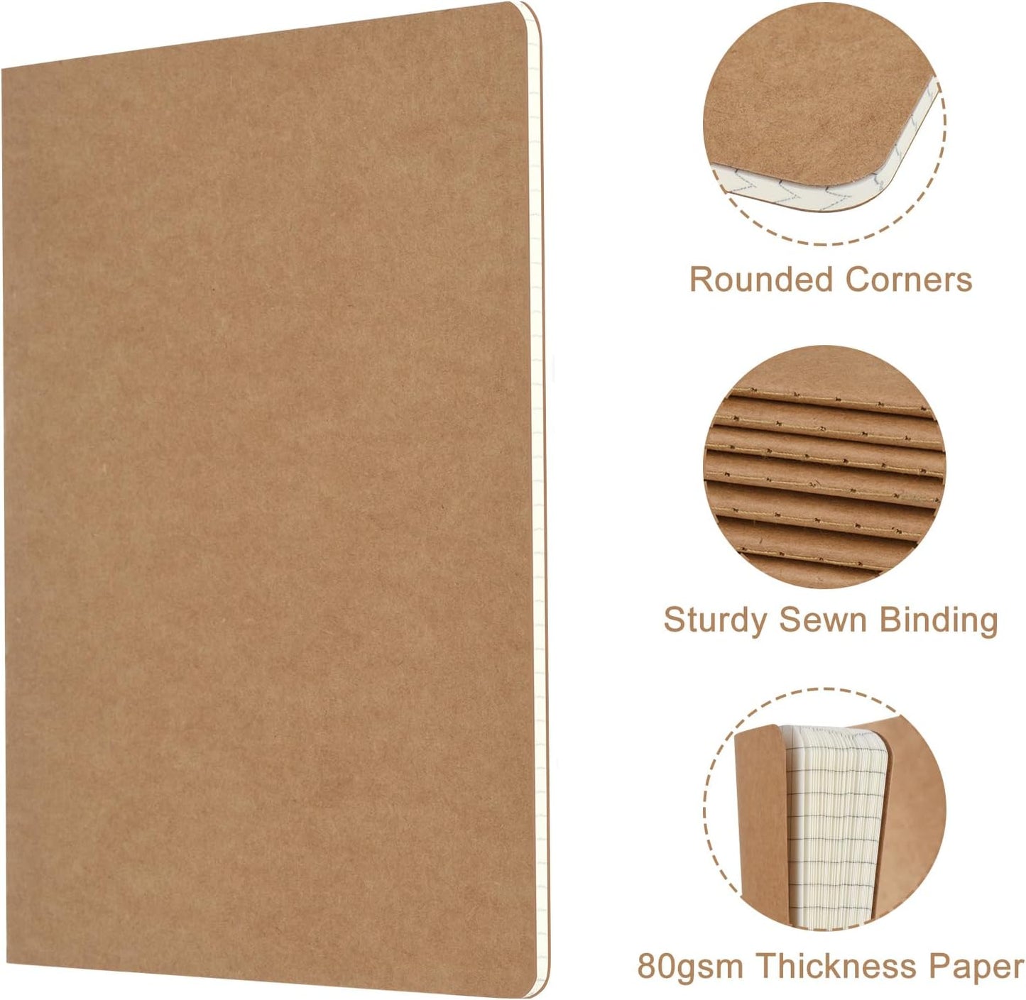 ZCZN 5 Pack A5 Kraft Notebooks Bulk, 8.15x5.5 Inches Graph Paper Journaling Notebooks, Notebooks for Work, Composition Notebooks for School, Journal Notebooks for Office, 60 Pages