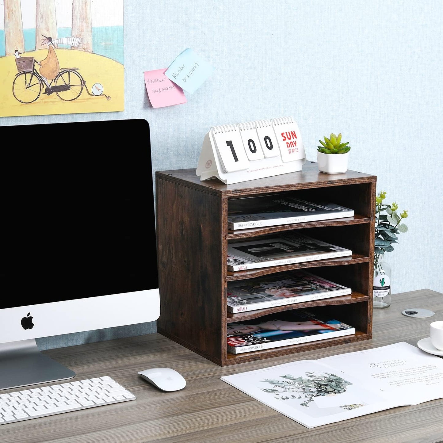 PAG Mail Sorter, Wood Countertop Literature Organizer, Office Supplies Desktop File Bill Paper Organizer for Home School, 4 Compartments, Antique Brown