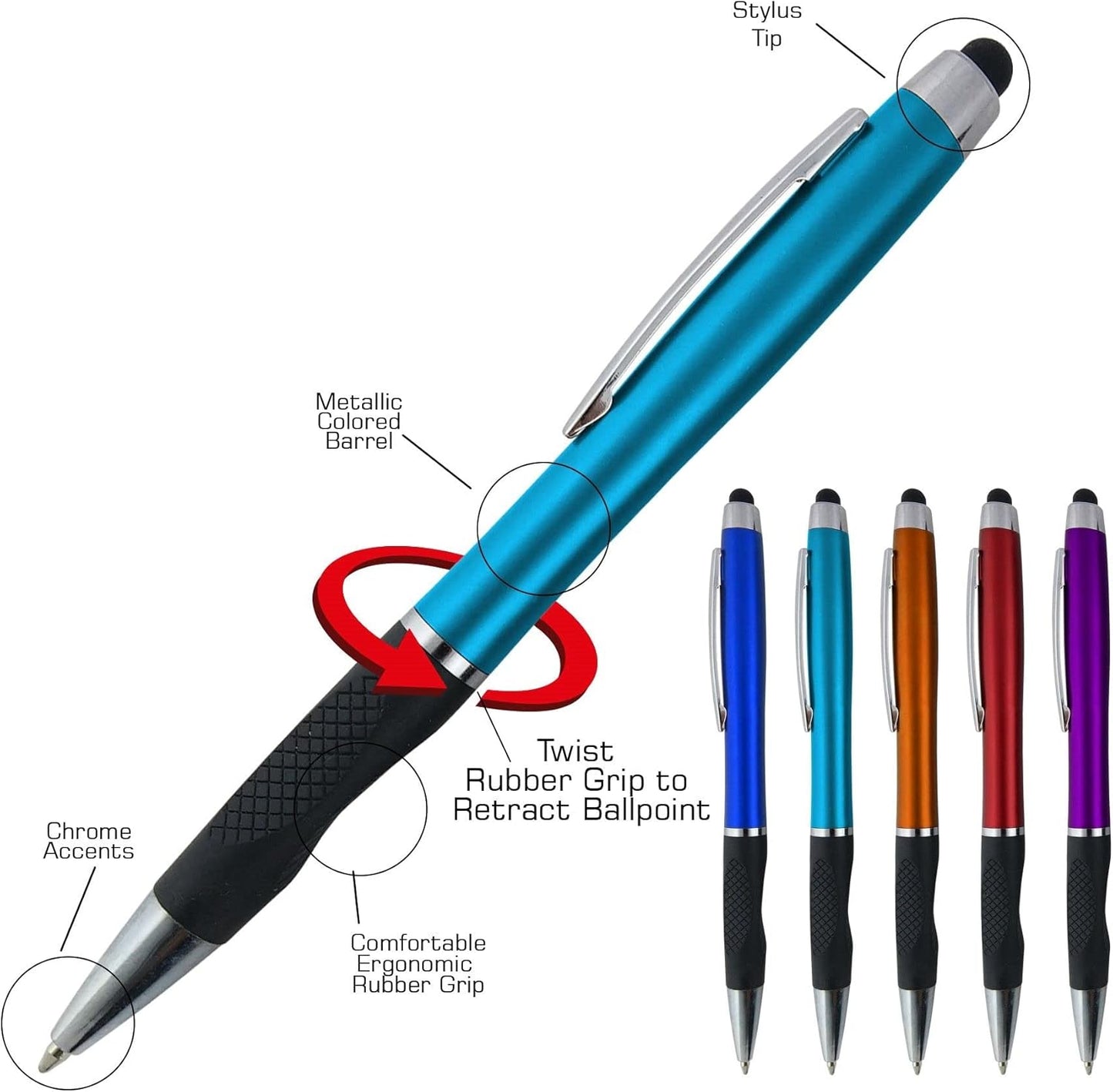Personalized Pens With your Custom Logo or Text-300 Pack Bulk-for Businesses, Parties, and Events, 2 in 1 Ballpoint Pen + Capacitive Stylus for Touchscreen Devices, Silver Barrel, Blue Ink