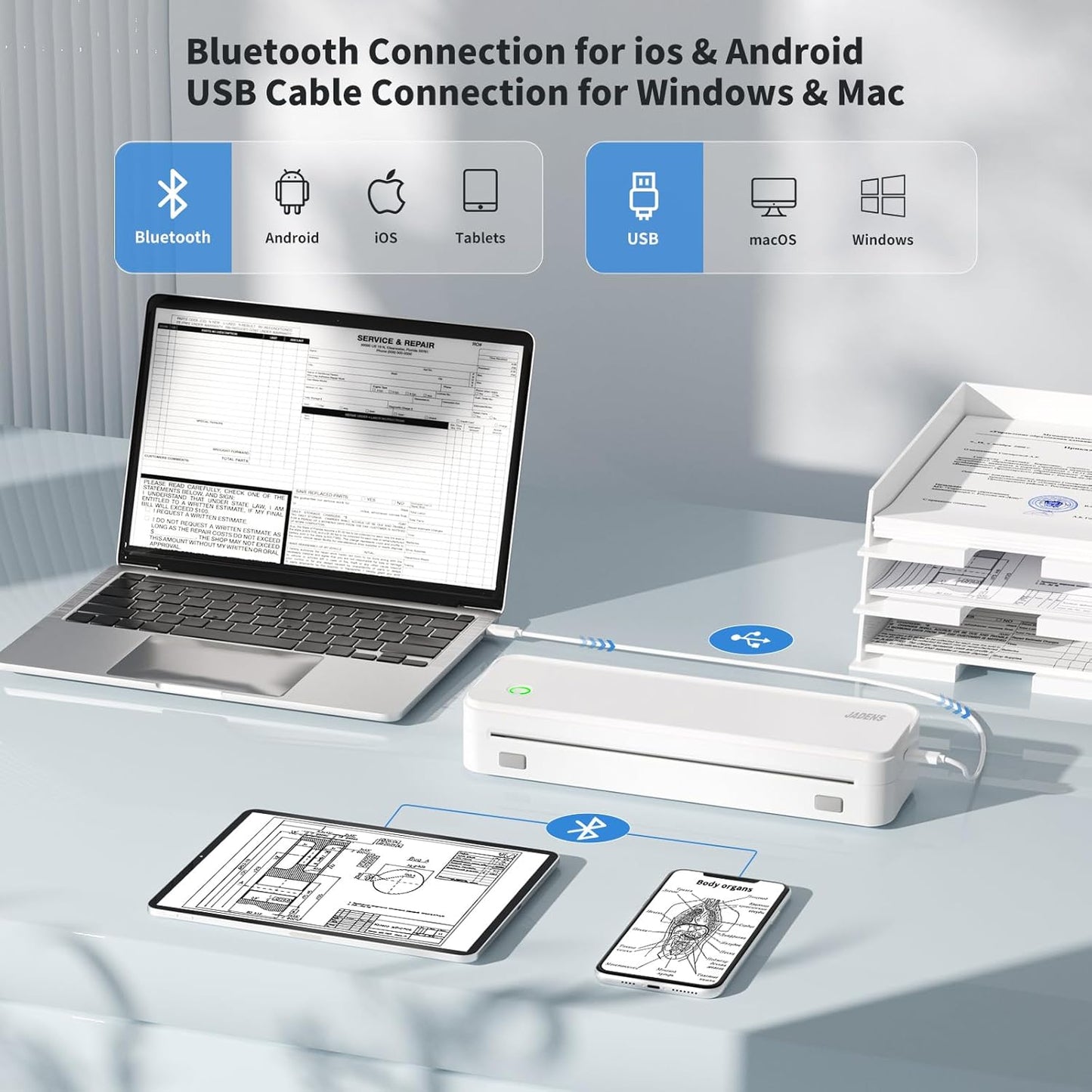 JADENS Portable Printers Wireless for Travel, Thermal Inkless Printer, Support 8.5" X 11" Thermal Paper, Compatible with iOS, Android & Laptop