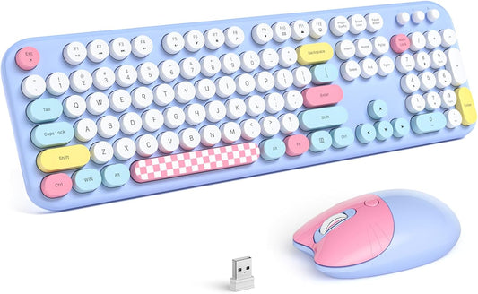 MOFII Wireless Keyboard and Mouse Combo - 2.4GHz Full-Size Retro Typewriter Keyboard with Round Keys, 3 Level Adjustable Optical Mouse, Plug & Play - Compatible with PC/Laptop/Desktop - Light Blue Mix