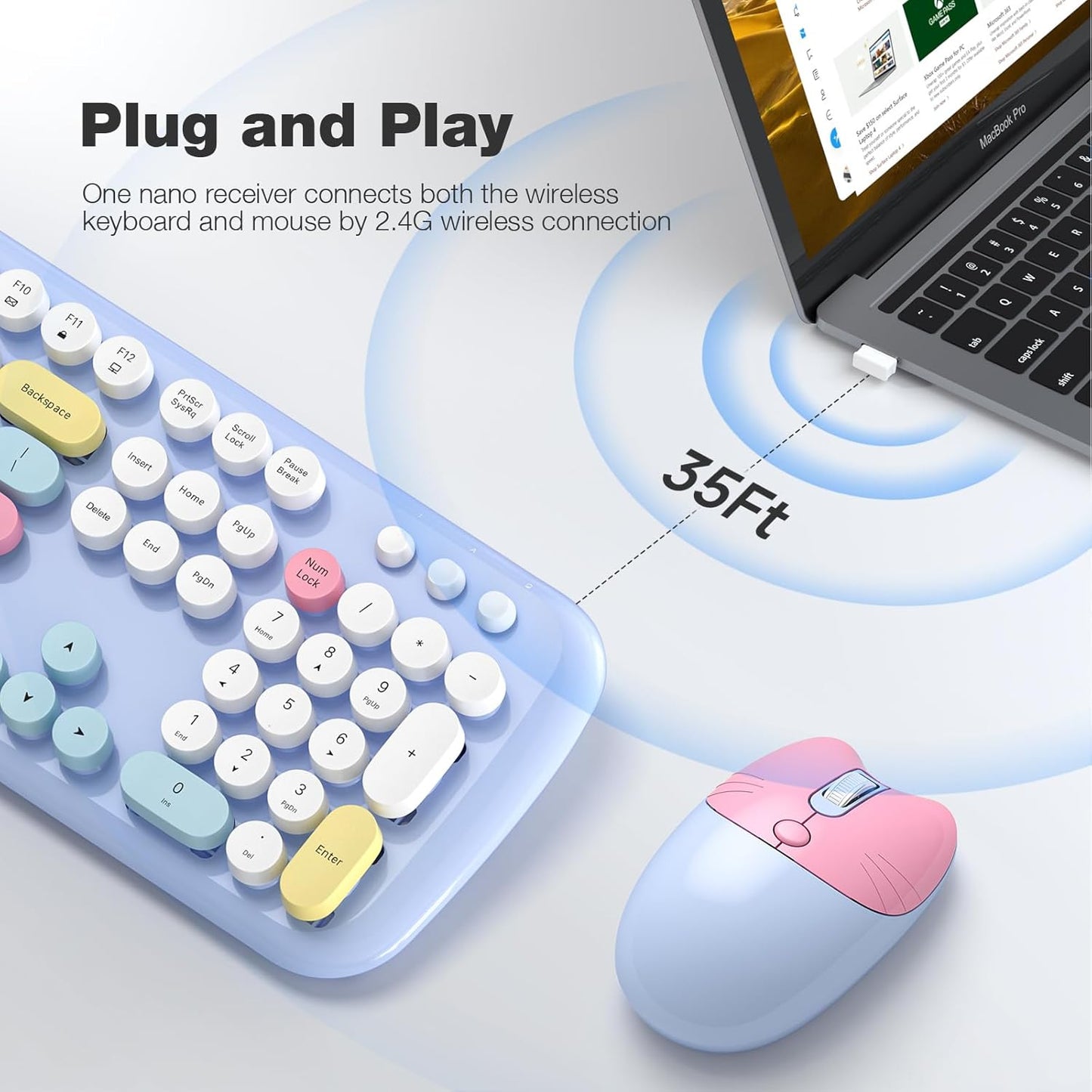 Wireless Keyboard and Mouse Combo for Windows, MOWUX 2.4G Full-Sized External Cordless Computer Keyboard, Compact Mouse, 8 Multimedia and Shortcut Keys, for PC, Laptop - Light Blue Colorful
