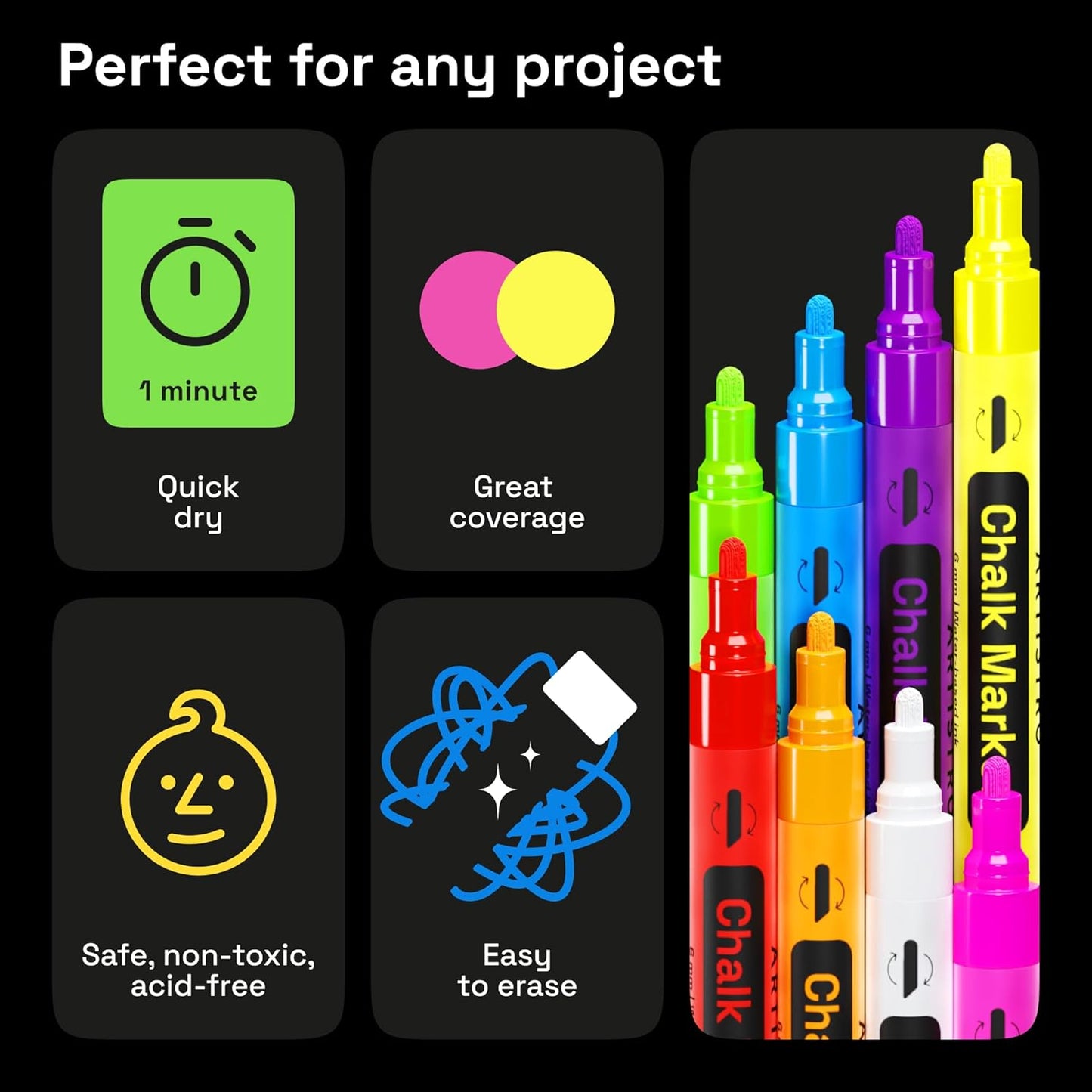 ARTISTRO Liquid Chalk Markers, Erasable, Pre-Activated Medium Tip for Glass or First Day of School Sign, Chalkboard Markers with White Chalk for Kids & Adults (Chisel Tip)