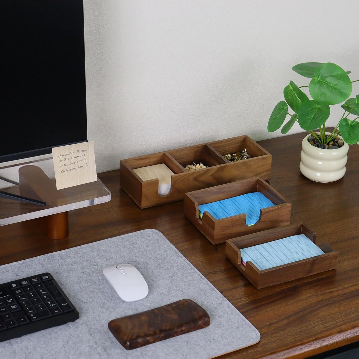 MultiBey Walnut Wood Sticky Notes Holder, 4x6 in Self -Sticky Note Memo Holder, Wooden Notepad Holder Dispenser Desk Supplies Desktop Accessories for Office Home School (L)