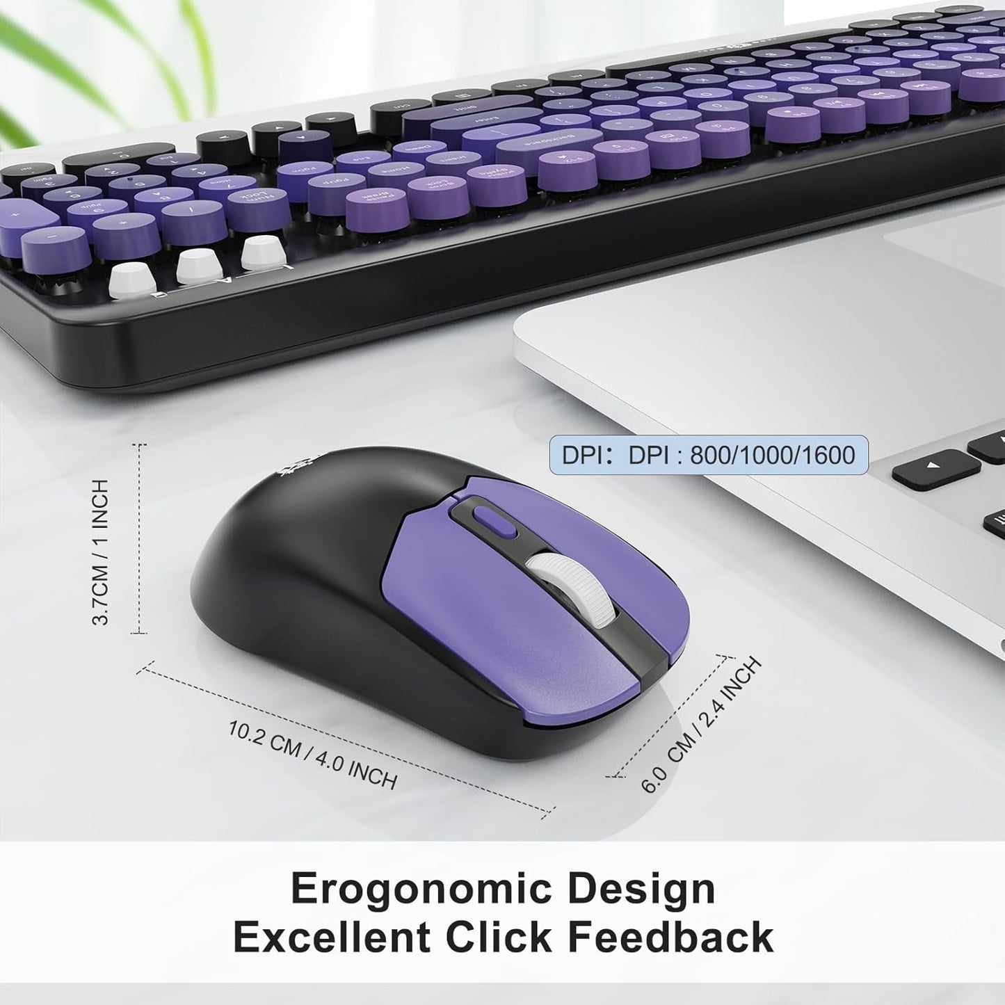 FOPETT Wireless Keyboard and Mouse Combo - 2.4G Full-Sized Cute Colorful Mouse and Keyboard with 104 Round Keys Retro Typewriter Keyboard for Laptop/Windows/PC - Purple Gradient