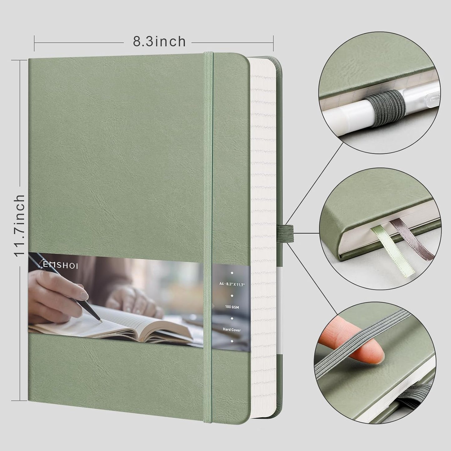 EMSHOI Graph Paper Notebook 8.5 x 11, 192 Pages Hardcover Grid Notebooks for Work, 100GSM Graph Paper, A4 Large Leather Journals for Women Men Writing, Graphing, Engineering, Green