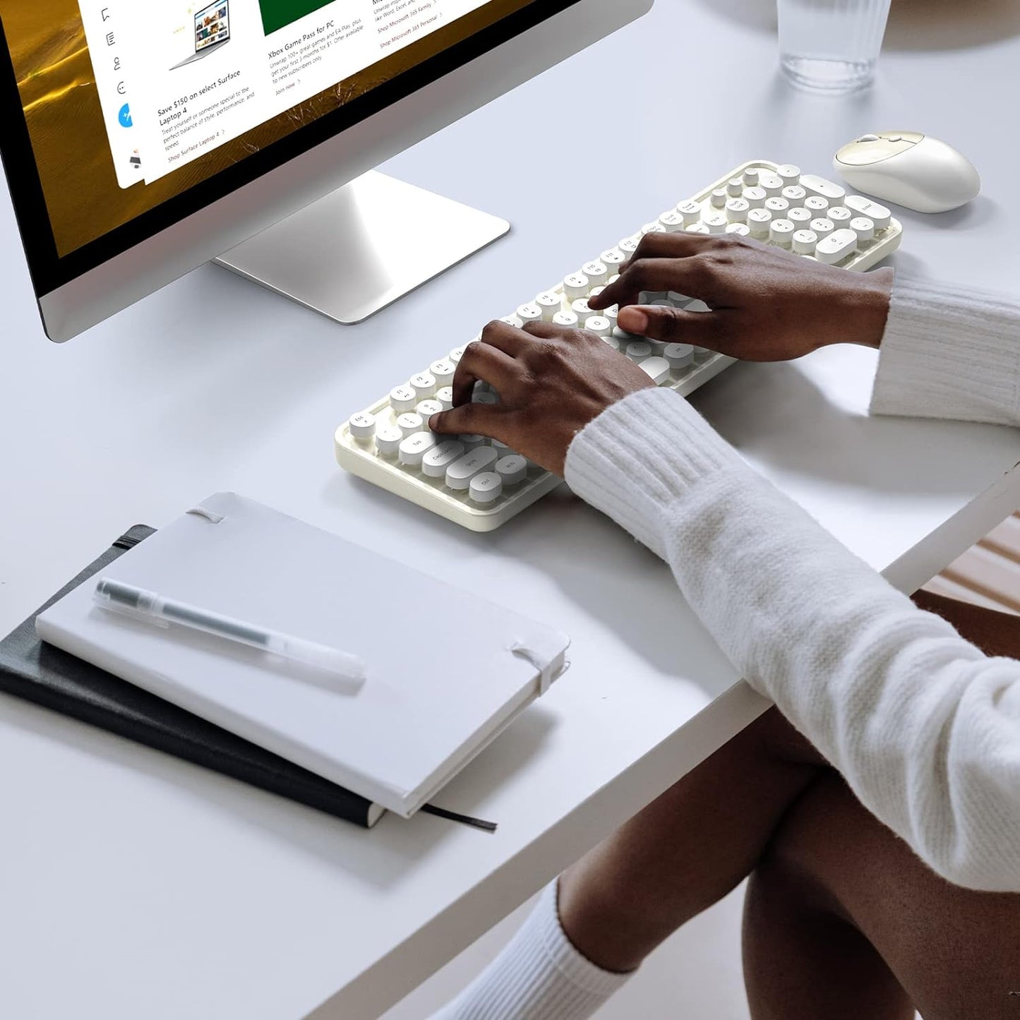MOFII Wireless Keyboard and Mouse Combo, Milk White 2.4G Full Size Keyboard, Round Key Typewriter Keyboards and Cute Mice with 2 in 1 USB Dongle, for PC Laptop Chromebook Smart TV