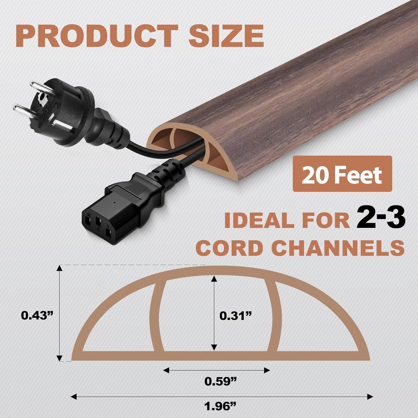 Floor Cord Cover for Wires on Floor Self Adhesive Cord Hider Floor Cable Management Wire Covers for Cords Protector Prevent Cable Trips Cord Cavity W 0.59" x H 0.31", Grayish Brown Wood, 20Ft
