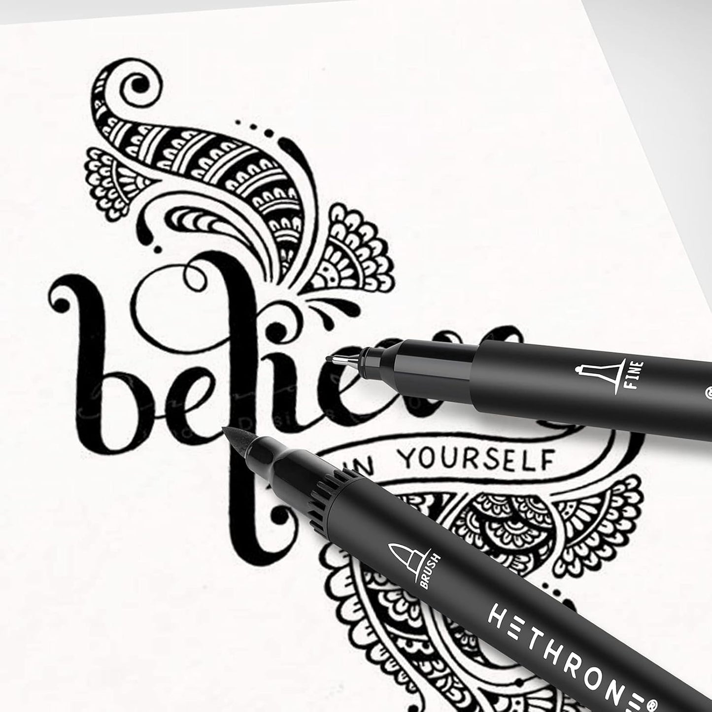 Hethrone Black Markers for Drawing - Brush Pens with Felt Tips for Artists - Calligraphy Pens, 12 Pack