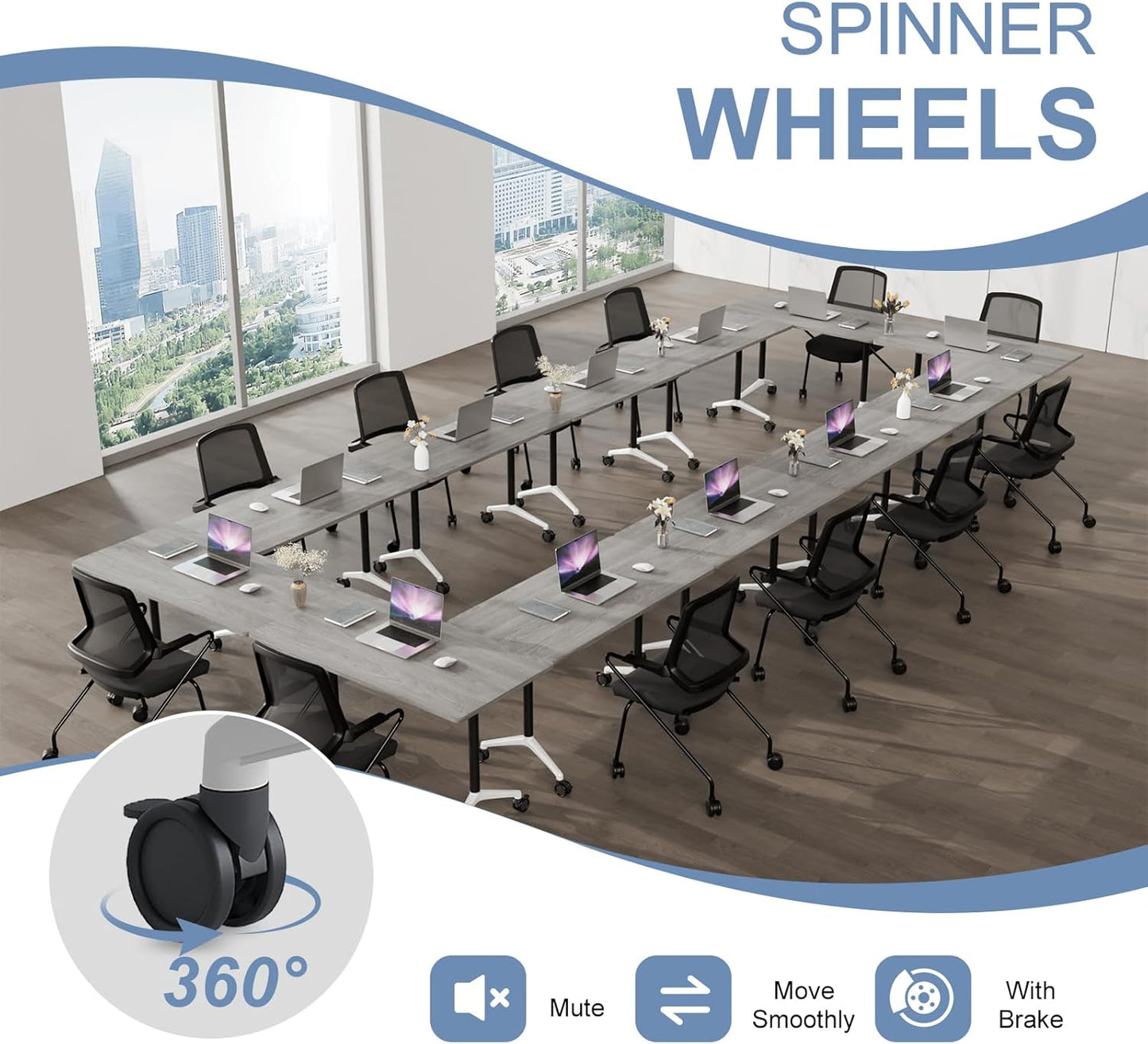 Folding Conference Table, Mobile Training Table for Office Conference, Modern Modular Rectangular Work Desk Meeting Seminar Work Tables with Caster Wheels, Large Breakroom Tables (8Pack L70.9in)