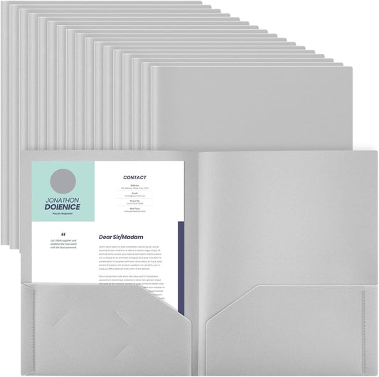 Gueevin 150 Pcs Plastic Folders with Pockets, Two Pocket Folder Fit 8.5 x 11 Inch Letter Size Paper, Heavy Duty School Folders Business Card Holder for Home Office School Bussiness (Light Gray)