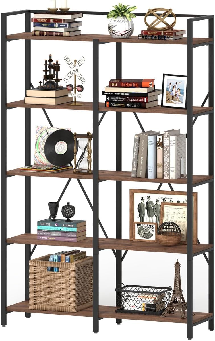 BON AUGURE Industrial Bookshelf, Bookcases and Bookshelves Etagere, Tall Large Farmhouse Book Shelves, 5 Tier Open Bookcase, Wood Metal Shelving Unit for Bedroom, Office (Rustic Oak)