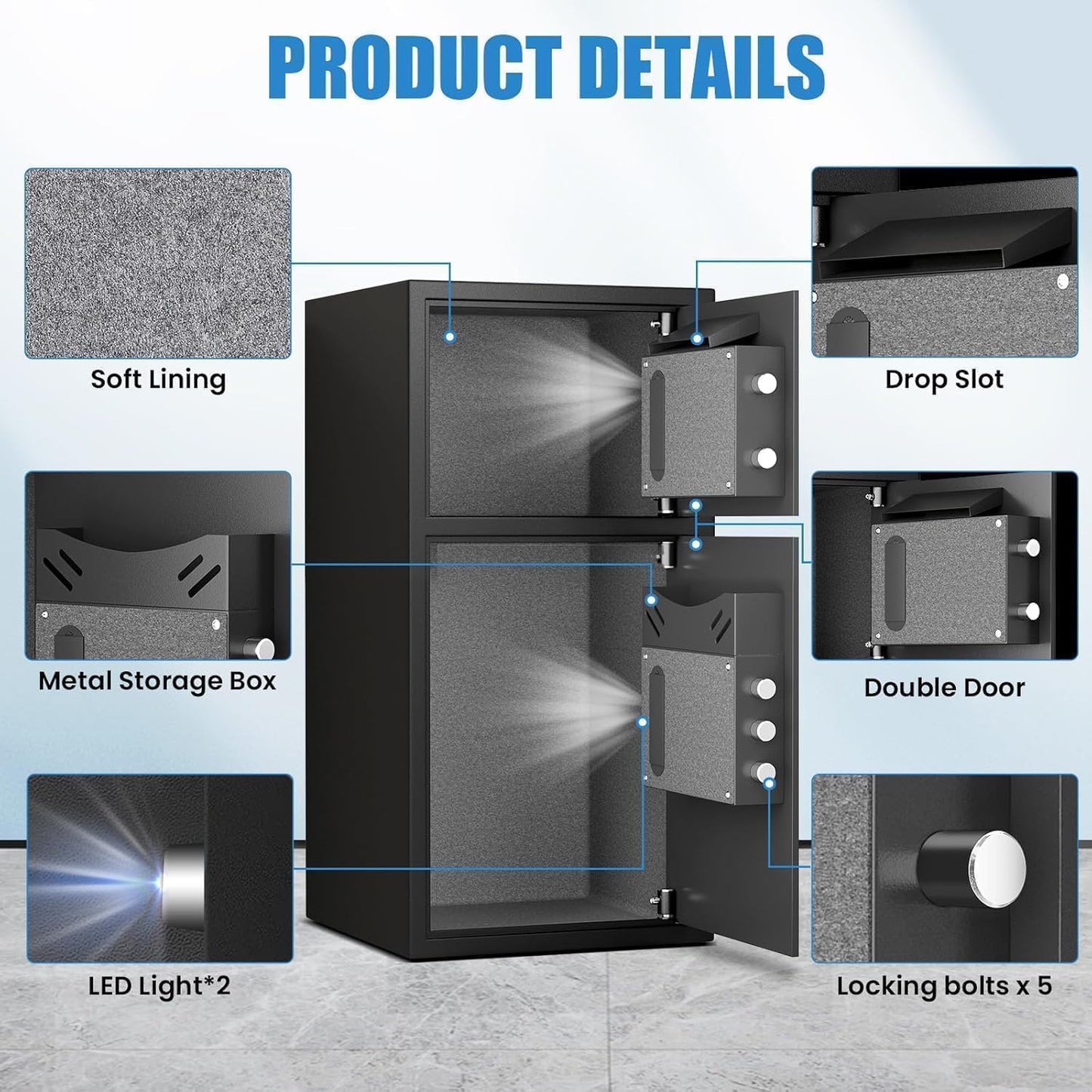 7.0 Cu ft Large Safe Box Fireproof Waterproof,with LED Light fire proof safe for home documents,Fingerprint password personal Safes with Deposit Slot & Dual Alarm System，Security Box fo Valuables