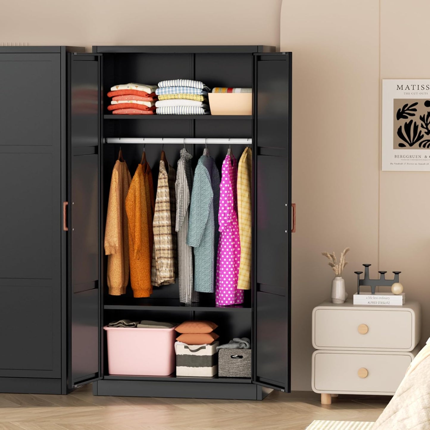 Greenvelly Metal Wardrobe Cabinet, 72" Black Armoire Metal Wardrobe Closet for Hanging Clothes with Wooden Handle, Modern Clothes Cabinet for Home, Office,Bedroom, School,Gym