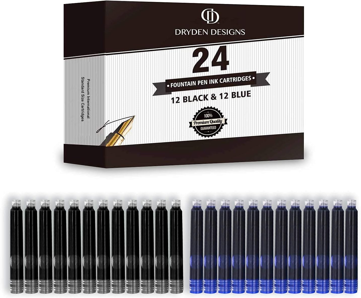 Dryden Designs Fountain Pen Medium Nib Gift Pouch - with 24 Ink Cartridges - MCM (Intense Black)