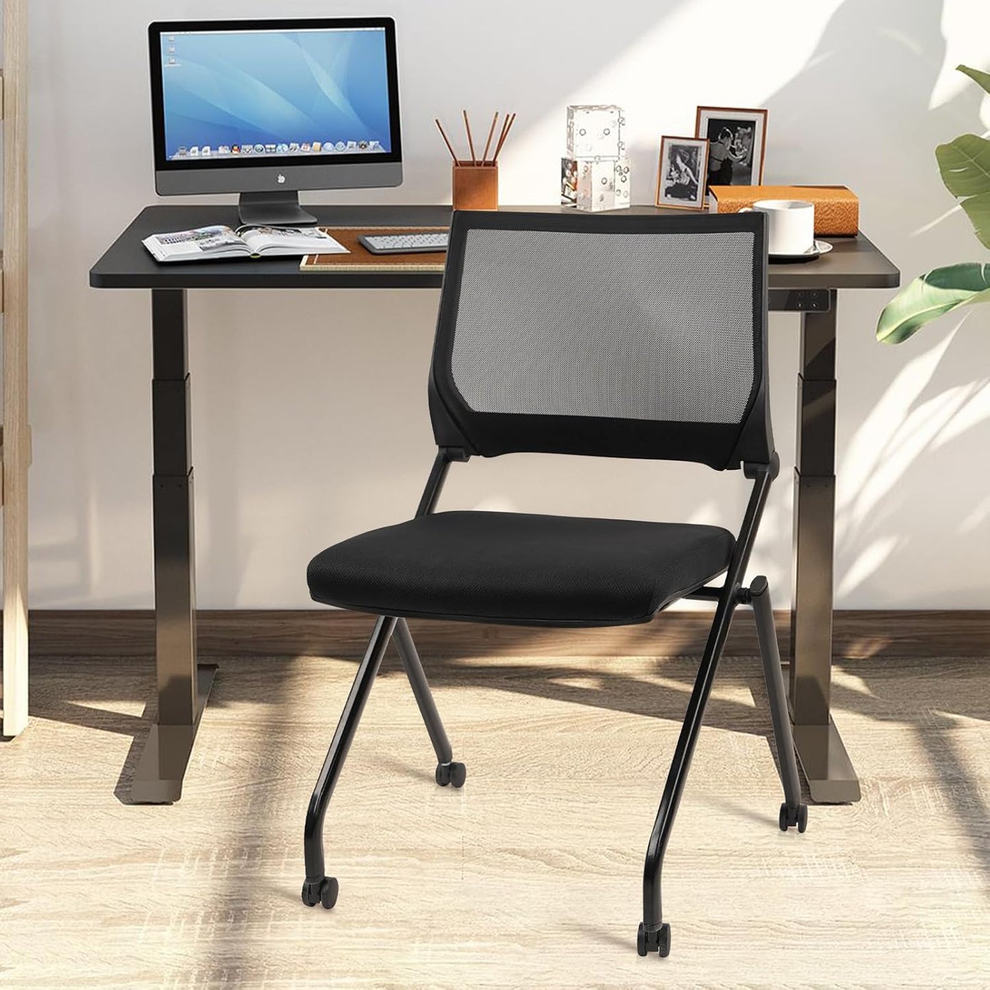 CLATINA Stackable & Foldable Conference Room Chairs, Waiting Room Chairs with Wheels & Lumbar Support, Ergonomic Mesh Bouncing Back Folding Chair for Office Meeting Schools Training Room, Black 20pk