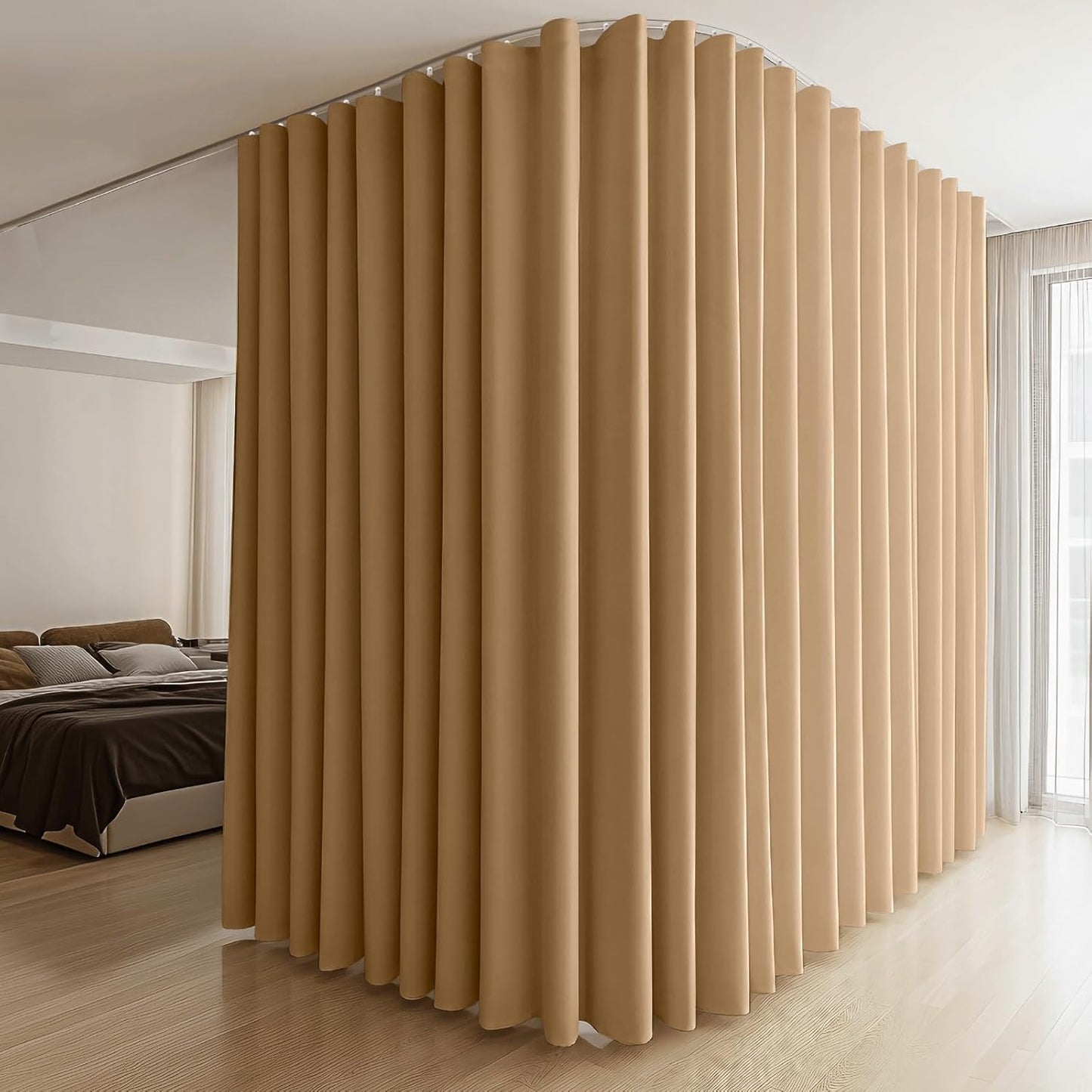 Room Divider Curtains & Flexible Bendable Tracks Set,Privacy Dividers Ceiling Track Curtain Window Blackout Curtains for Living Room Bedroom (W100 × H108 In 1 Panel Khaki Drape & White Rail)