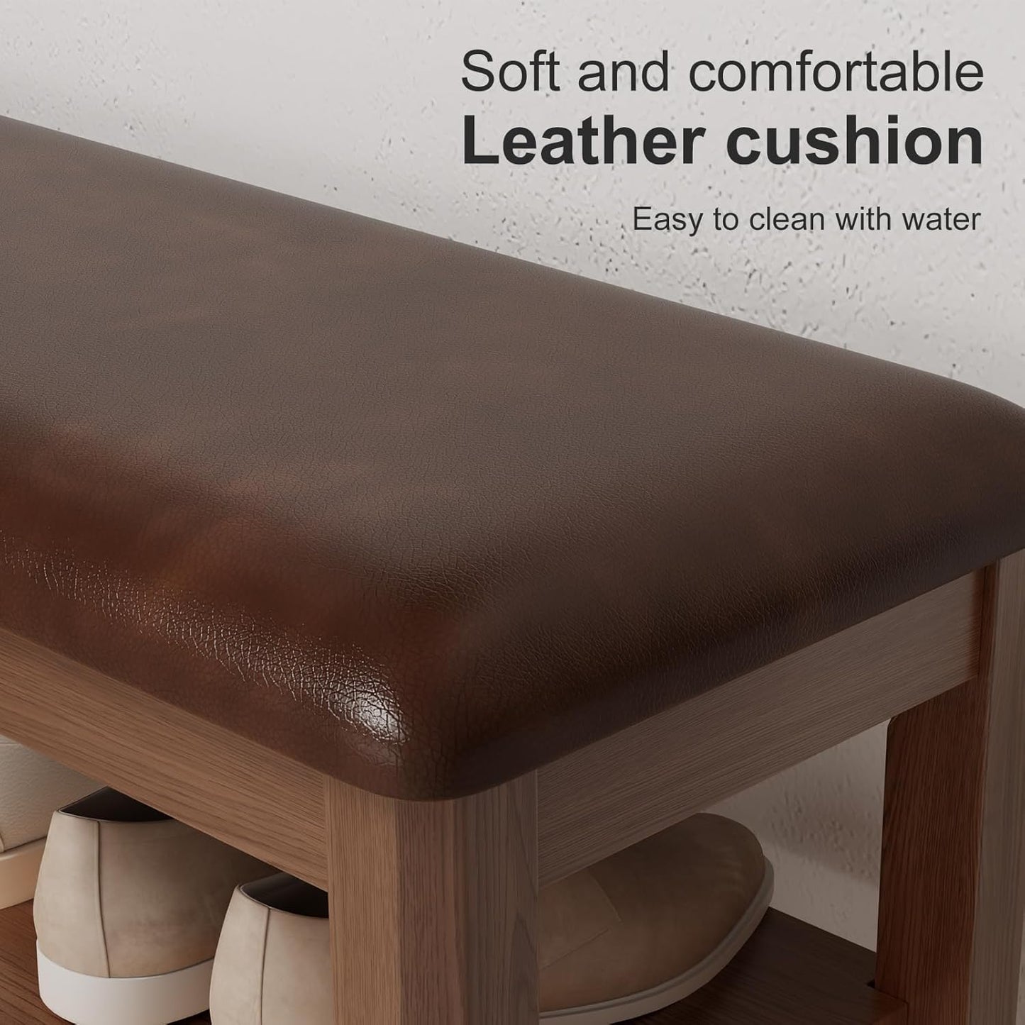 Shoe Bench with Leather Cushion, 3 Tiers Shoe Storage Bench Height Adjustable, Walnut Wood Entryway Bench for Hallway, Mudroom