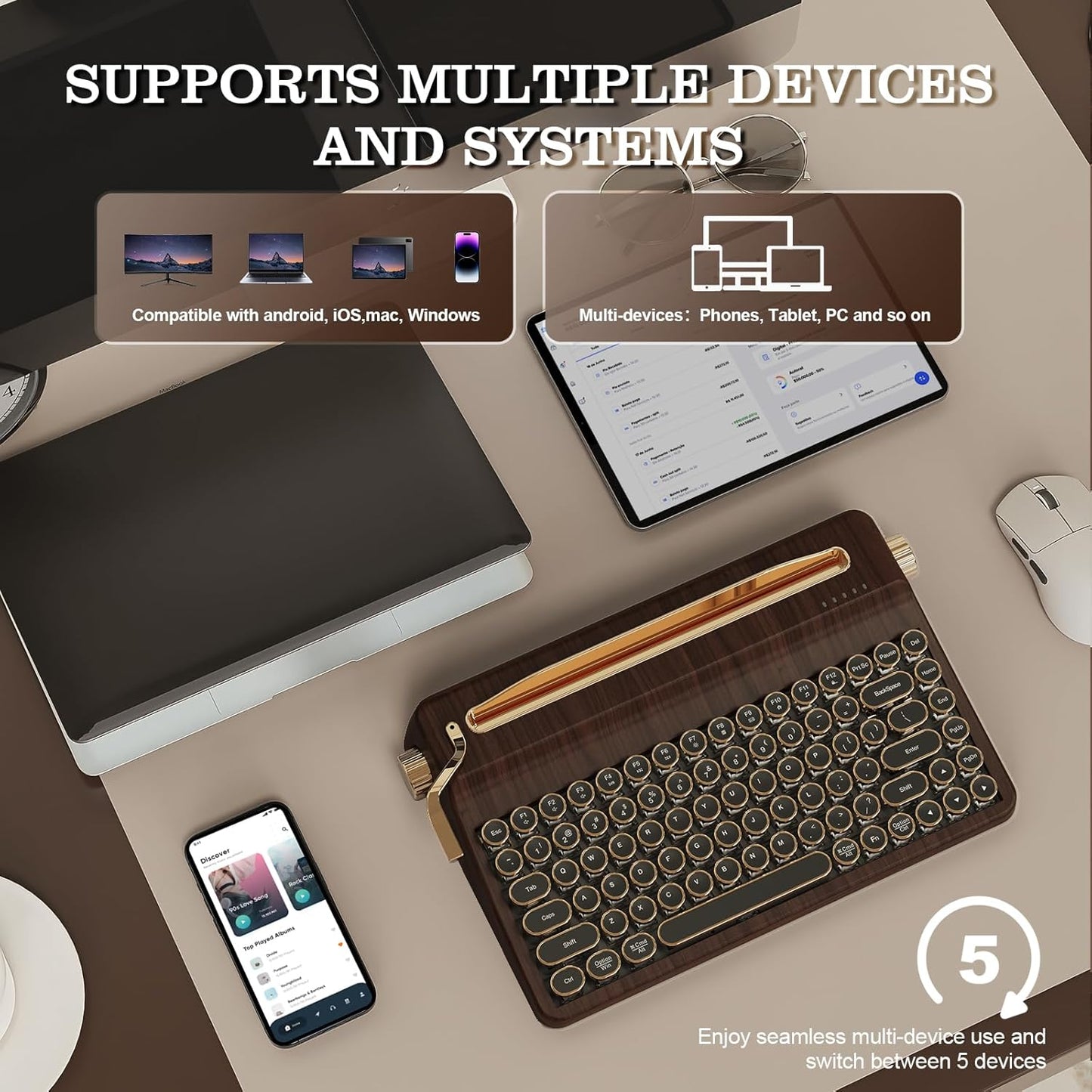 YUNZII QL75 Wireless Typewriter Hot Swap Retro Mechanical Keyboard,Punk Round Keycaps,RGB Backlit QMK/VIA Programmable, Multi-Device Keyboard with 2.4GHz/Type-C/BT5.0 (Wood, Cocoa Cream V2 Switch)