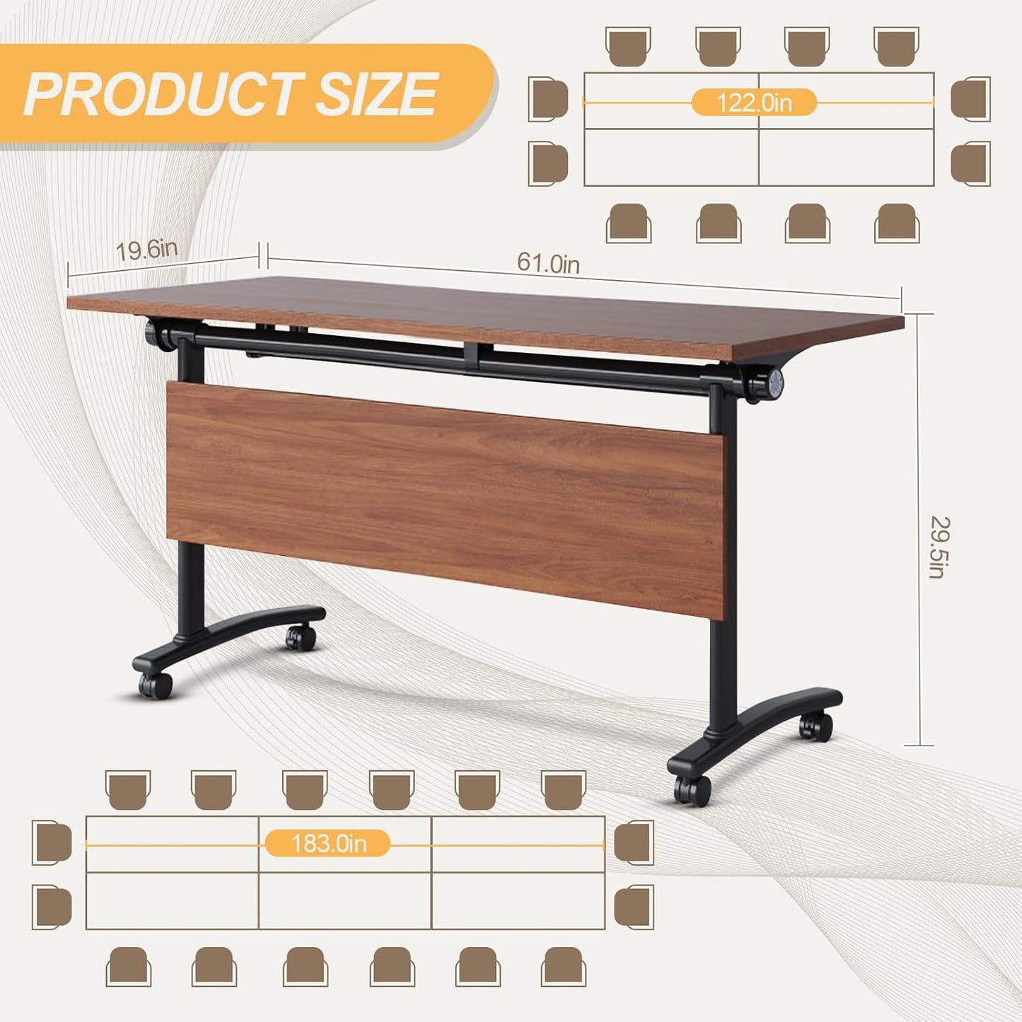 Conference Room Table with Silent Wheels, Mobile Folding Conference Table for 16 Person,Flip Top Office Training Tables with Walnuts Wood Tabletop, for School,Business Meeting Rooms (2 Pack 63in)