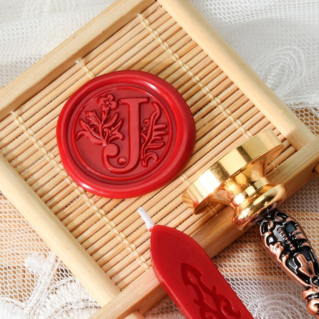 Wax Seal Stamp kit, Envelope Wax Seals DIY Kit - Retro Sealing Wax Candle + Classic Initial Alphabet Seal Wax Seal Stamp Letter J - in Blue Gift Box