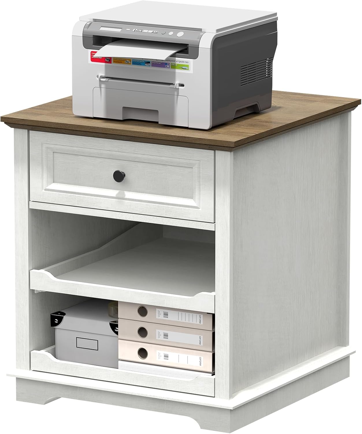 Lateral File Cabinet 3 Drawer File Cabinet with Charging Station, Printer Stand with Open Adjustable Storage Shelves, Lateral Filing Cabinet for Home Office, White