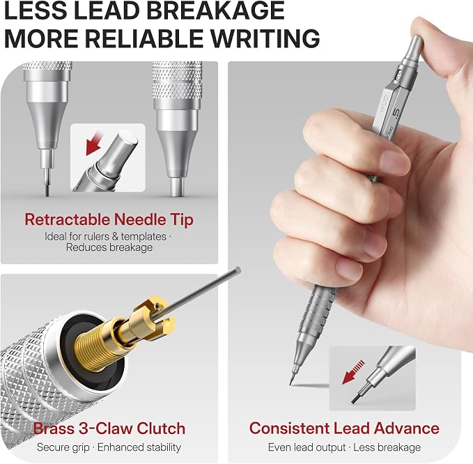 WUO 0.5mm Mechanical Pencil Set, 3 Silver Metal Drafting Pencils - Image 3