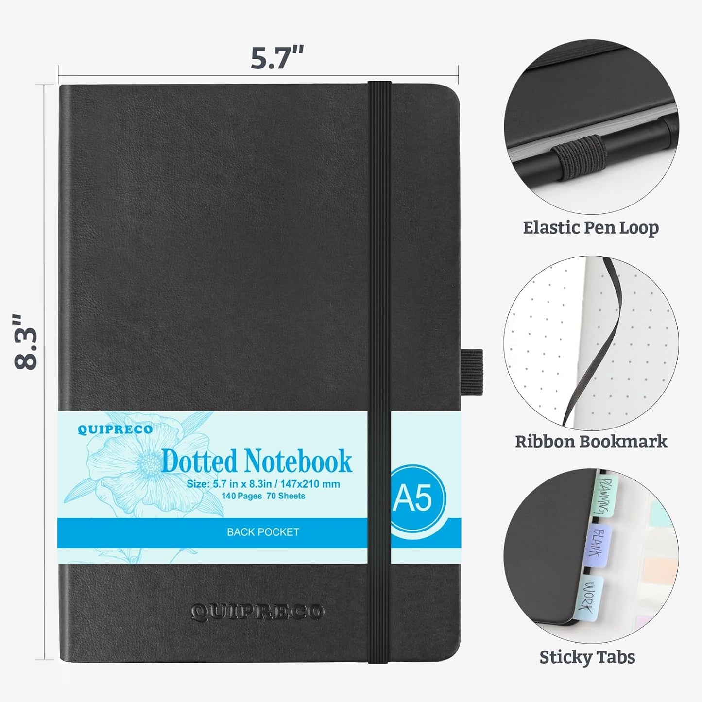 Hardcover Lined Bullet Dotted Journal Notebook, A5 140 192 Pages 100 120Gsm Paper College ruled for School,Work,Travel,and Daily Planning，5.7''*8.3'' (1, Black, A5 Dotted)