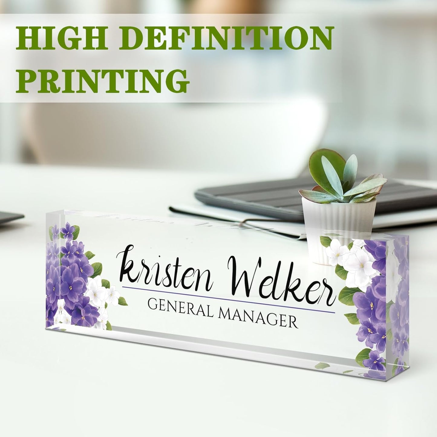 Custom Name Plate for Desk, Desk Name Plate Personalized, Office Decor for Women, Acrylic Desktop Accessories, Office Appreciation Gifts for Boss Social Workers Nurse Teacher Employee(Purple Flowers)