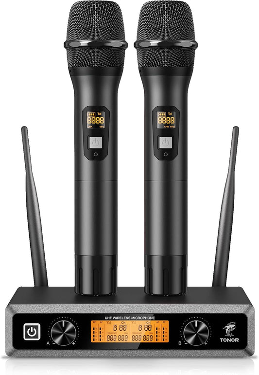 TONOR Wireless Microphone System, Professional Metal Cordless Karaoke Microphones, Handheld Dynamic Mic Set with Receiver for Party, Meeting, KTV, Church, DJ, Wedding, Singing, 200ft, TW820 Black