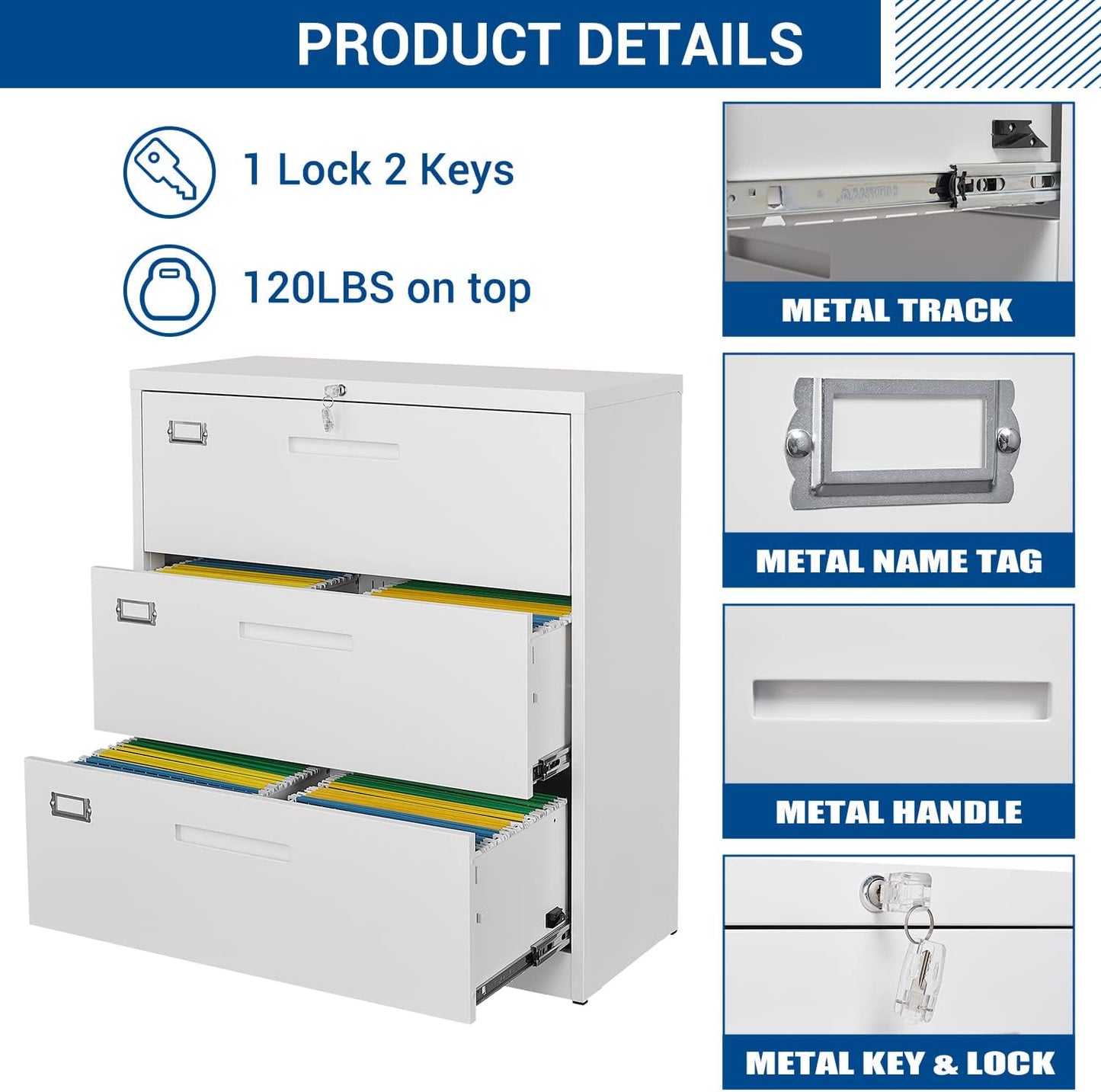 Lateral File Cabinet with Lock, 3 Drawer Large Metal Filing Cabinet,Home Office Lockable Storage Cabinet for Hanging Files Letter/Legal/F4/A4 Size-Assembly Required