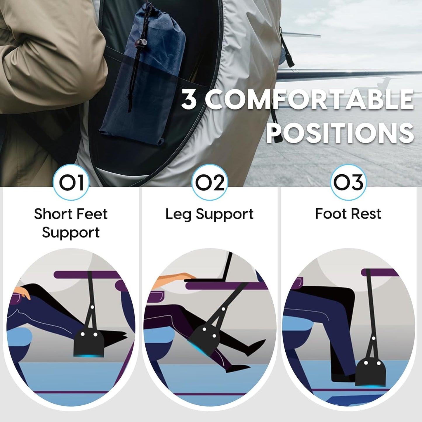 Foot Hammock for Plane Travel, 2-Pack Perfect Airplane Foot Hammock to Relax Your Feet, Portable Airplane Foot Rest with Adjustment Strap, Travel Essentials for Comfortable Long Flight (Blue)