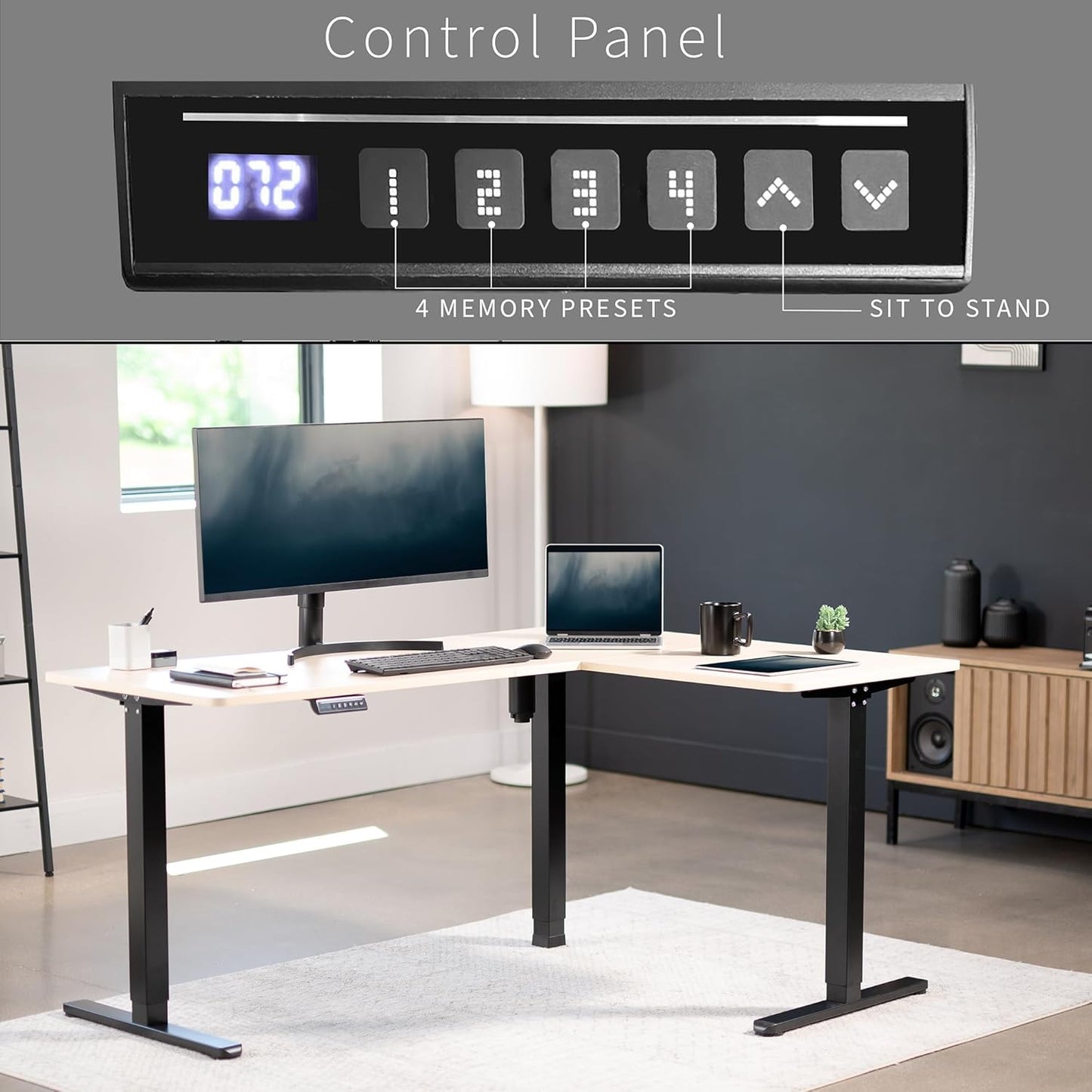 VIVO Electric Corner L-Shaped 63 x 47 in Standing Desk, Memory Height Adjustment, Light Wood Top Black Frame, DESK-E3CTC-47