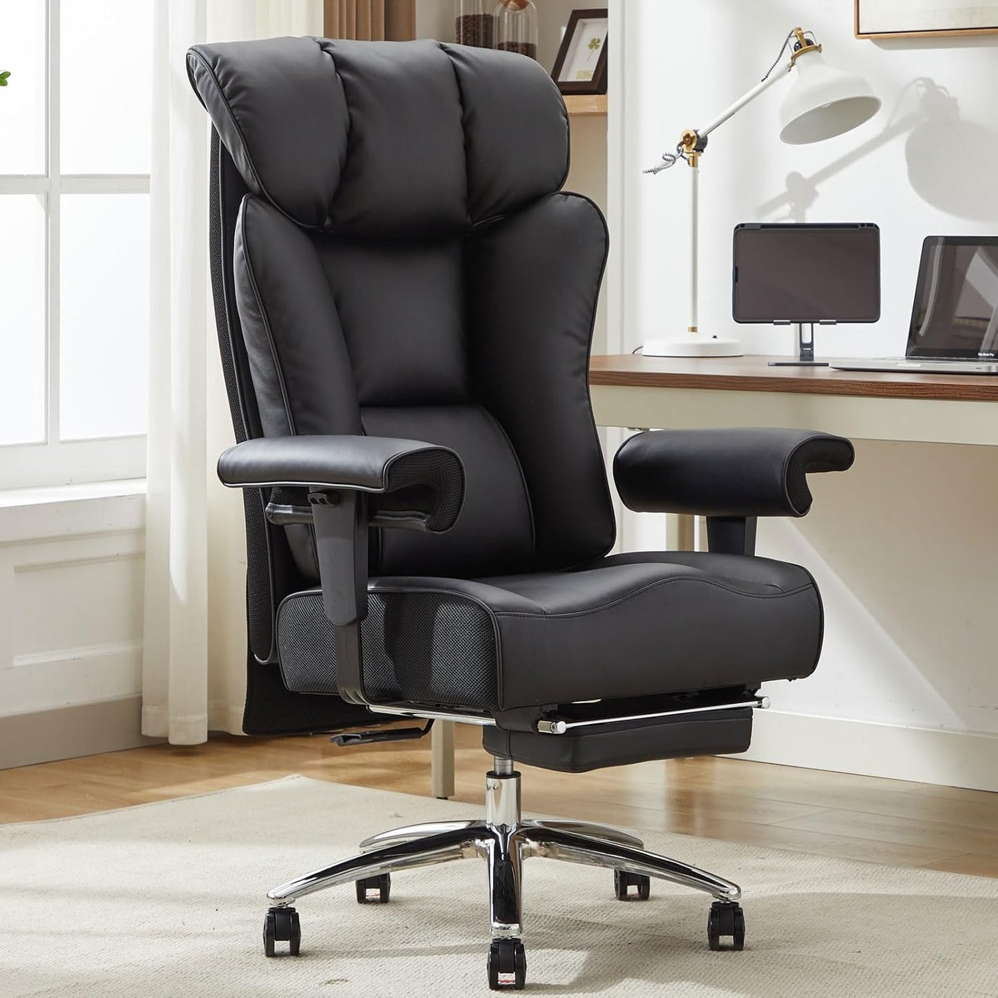 Efomao Ergonomic Office Chair 450LBS with Foot Rest, High Back PU Leather Executive Office Chair with Adjustable Armrests, Lumbar Support for Home or Work, Computer Chair, Black
