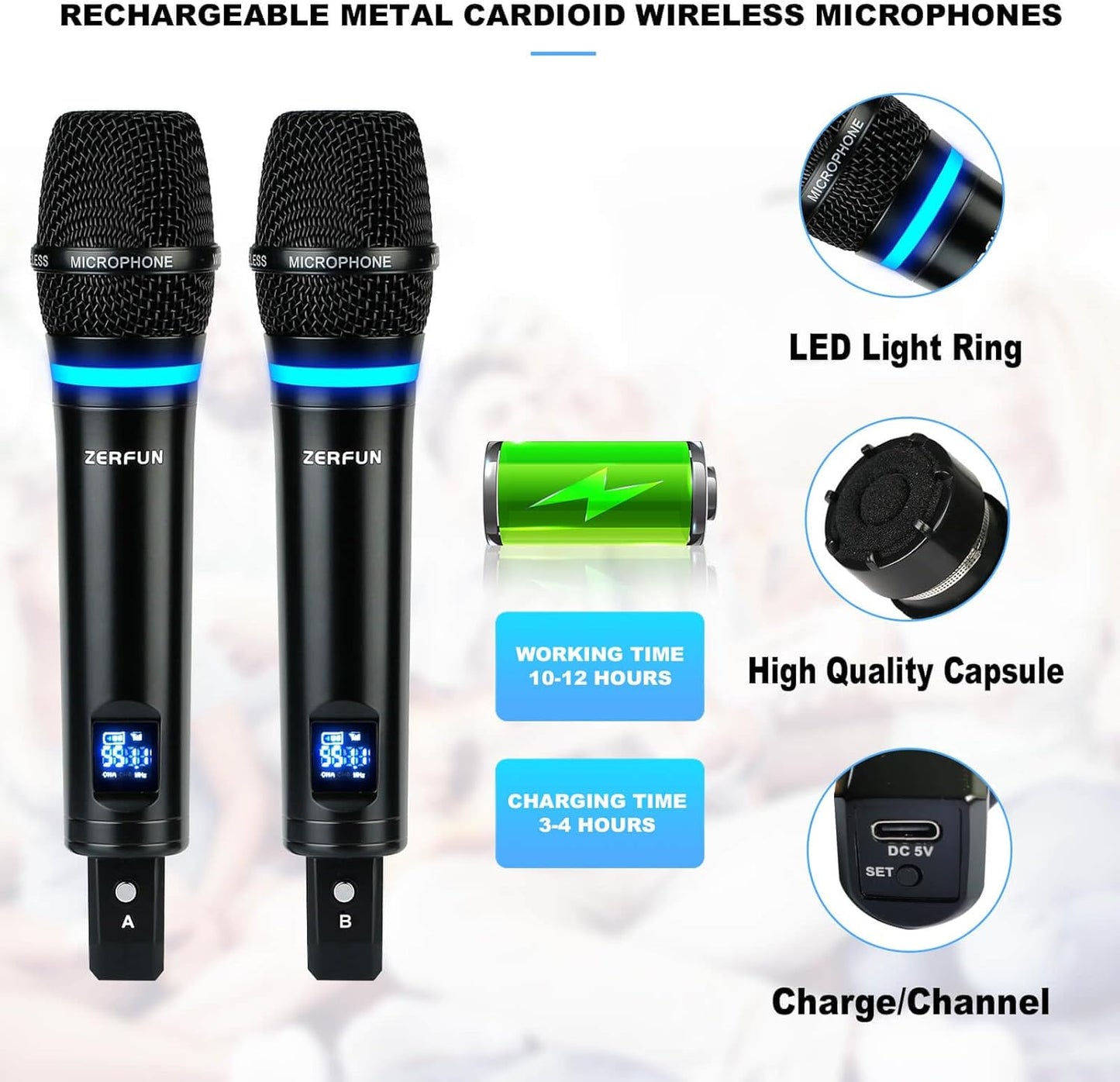 Rechargeable Wireless Microphone System 4 Channel Pro, UHF Metal Handheld Wireless Mics Cordless for Church Karaoke Singing with Bluetooth Echo Volume Control, 4x50 Frequency(MU-898)