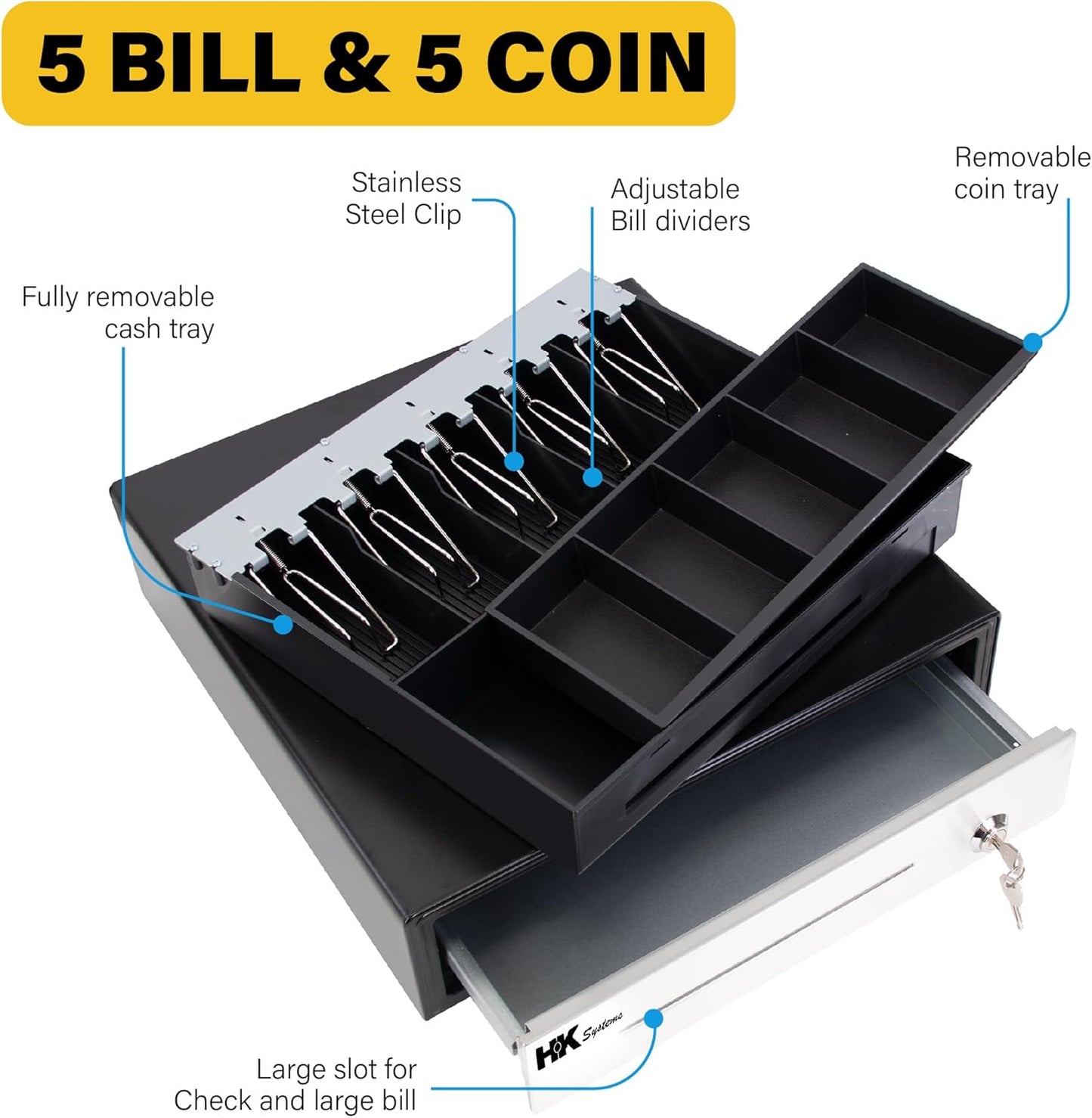 HK SYSTEMS 16inch Heavy Duty Manual Push-Open Cash Drawer with 5Bill/5Coin, Removable Till, Stainless Steel Front with Single Large Media Slot, Black
