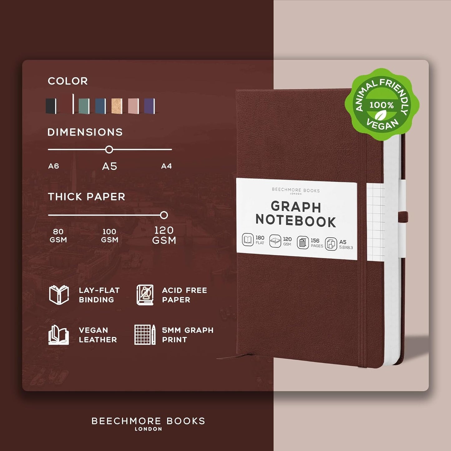 BEECHMORE BOOKS Graph Paper Notebook - Regular, Brown | Premium Square Grid Math & Science Journal | 5.75" x 8.25" Hardcover Vegan Leather | Thick 120gsm Cream Graph Paper | Gift Box for Men & Women