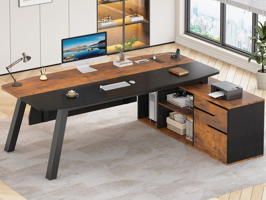SEDETA 71" Executive Desk with File Cabinet, Large Office Desk with Drawers and Shelves, L Shaped Computer Desk with Power Outlets, Business Furniture Desk Workstation for Home Office, Brown