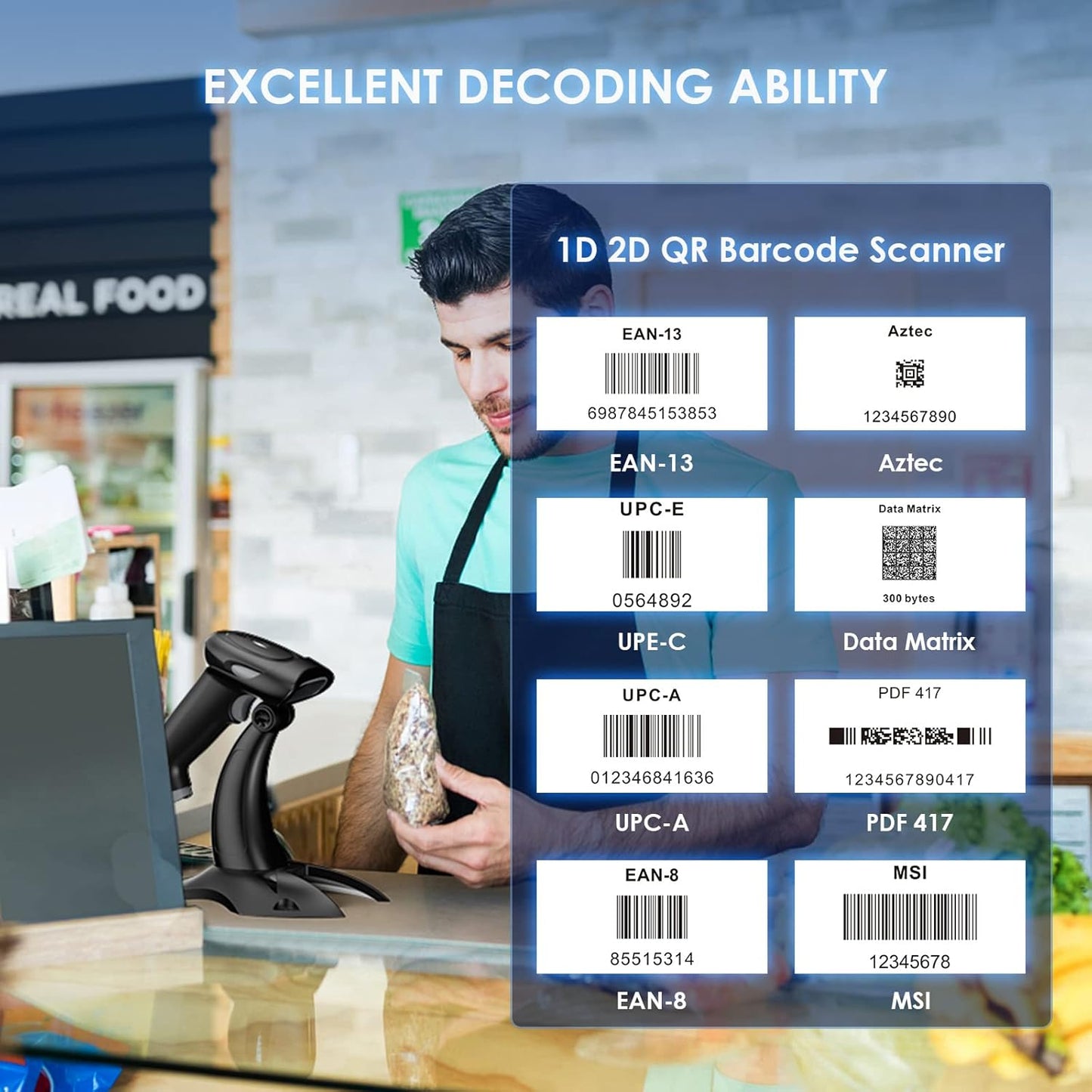 Eyoyo 2D 1D Wireless Barcode Scanner with Stand, 3-in-1 Barcode Reader 2.4G Wireless & Bluetooth & Wired USB Connection, Handheld QR Code Scanner for iPhone, Mac, Android, Store, Warehouse, Library
