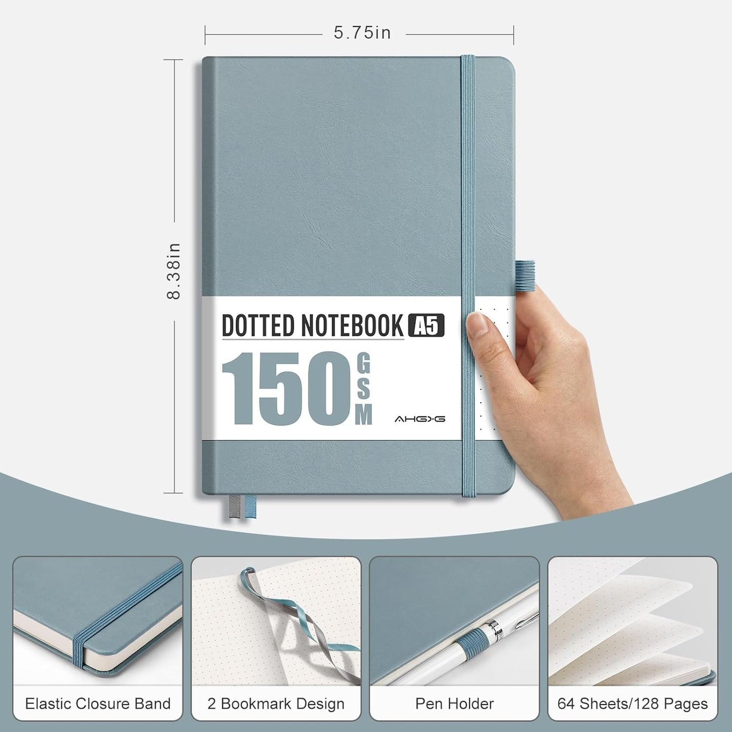AHGXG Bullet Dotted Journal - 150 GSM Dot Grid Notebook Journal, Thick Acid-Free Paper, A5 Dotted Notebook 128 Pages, Leather Hardcover, Inner Pocket, Journal Stencil, 5.7'' × 8.3'' - Gray Blue