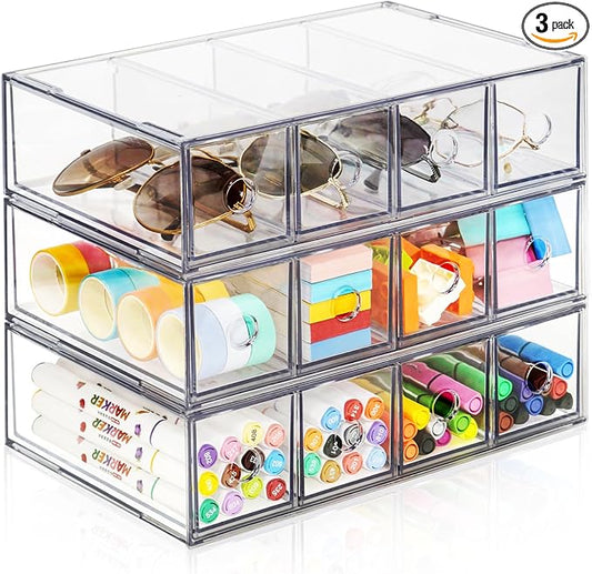 Desk Organizer with 12 Drawers, FODIENS 3 Packs Stackable Desktop Storage Box by FODIENS